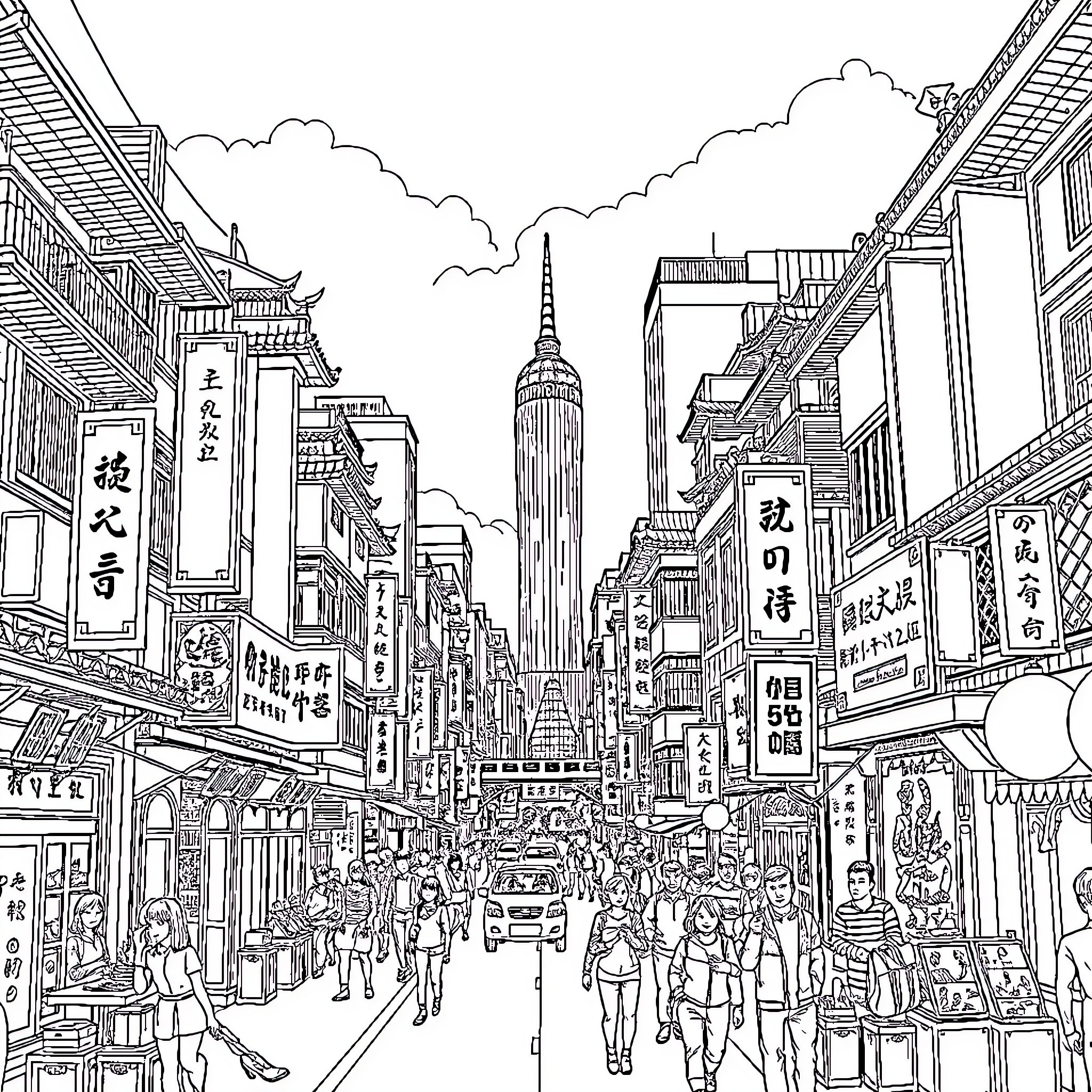City bustling with activity and diverse storefronts Coloring Page (free black-and-white line drawing printable PDF for all, from beginners to advanced learners, including children, teens, adults, and seniors)