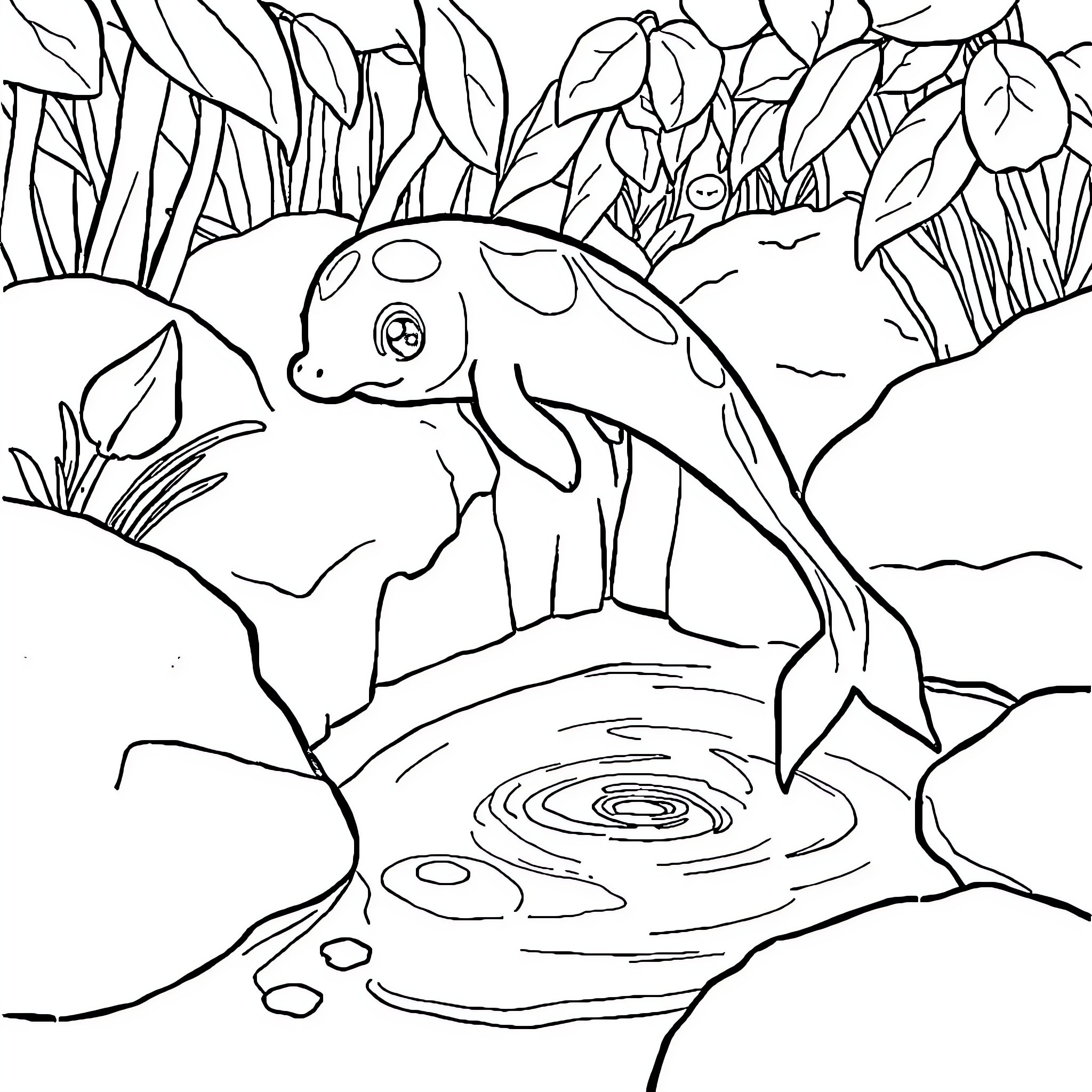Slug resting on a lily pad in the garden Coloring Page (free black-and-white line drawing printable PDF for all, from beginners to advanced learners, including children, teens, adults, and seniors)