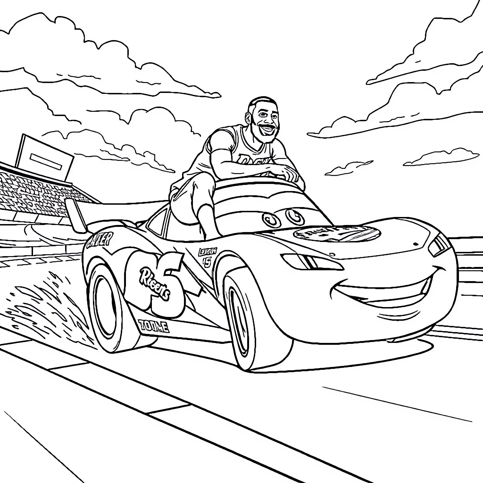 LeBron James racing in a fast car on the track Coloring Page (free black-and-white line drawing printable PDF for all, from beginners to advanced learners, including children, teens, adults, and seniors)