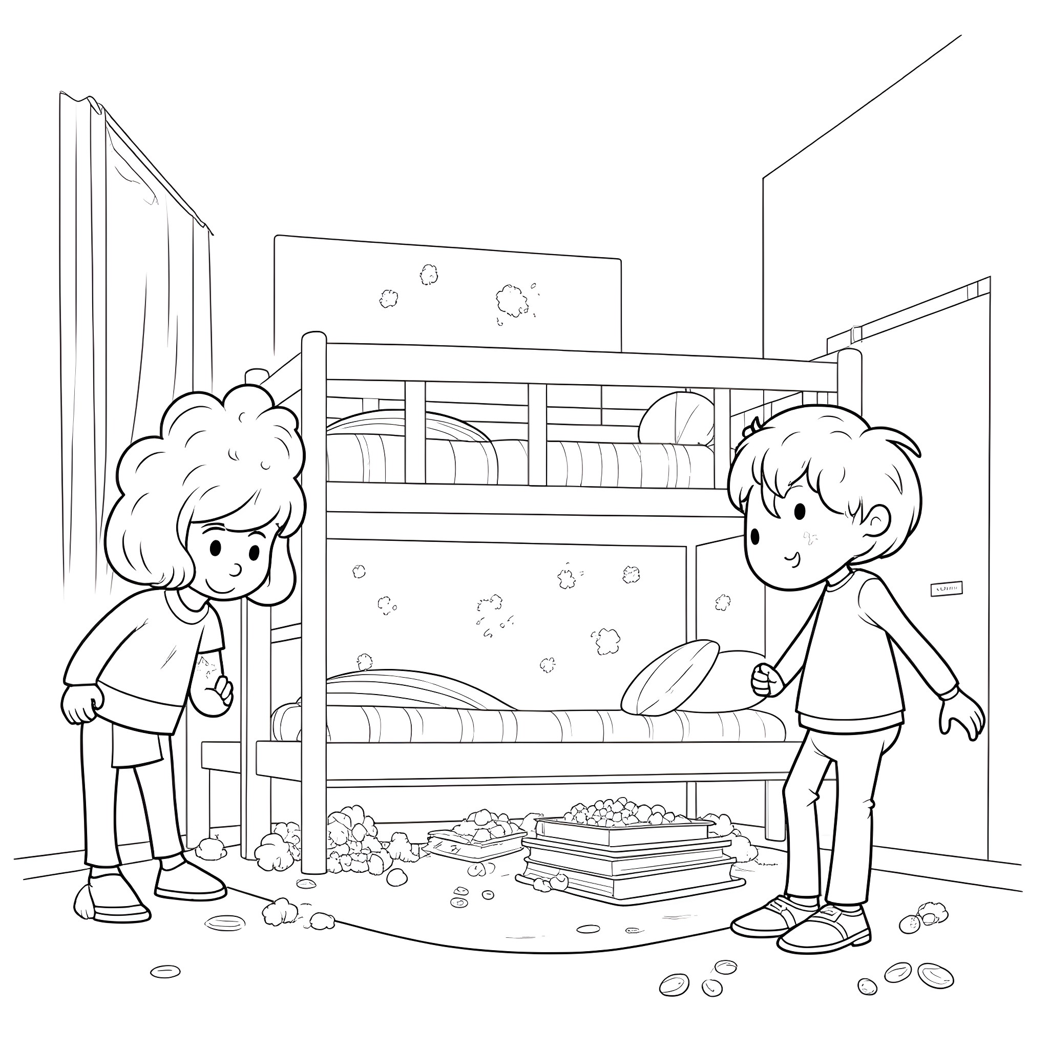 Child playing in messy bedroom with bunk beds Coloring Page (free black-and-white line drawing printable PDF for all, from beginners to advanced learners, including children, teens, adults, and seniors)