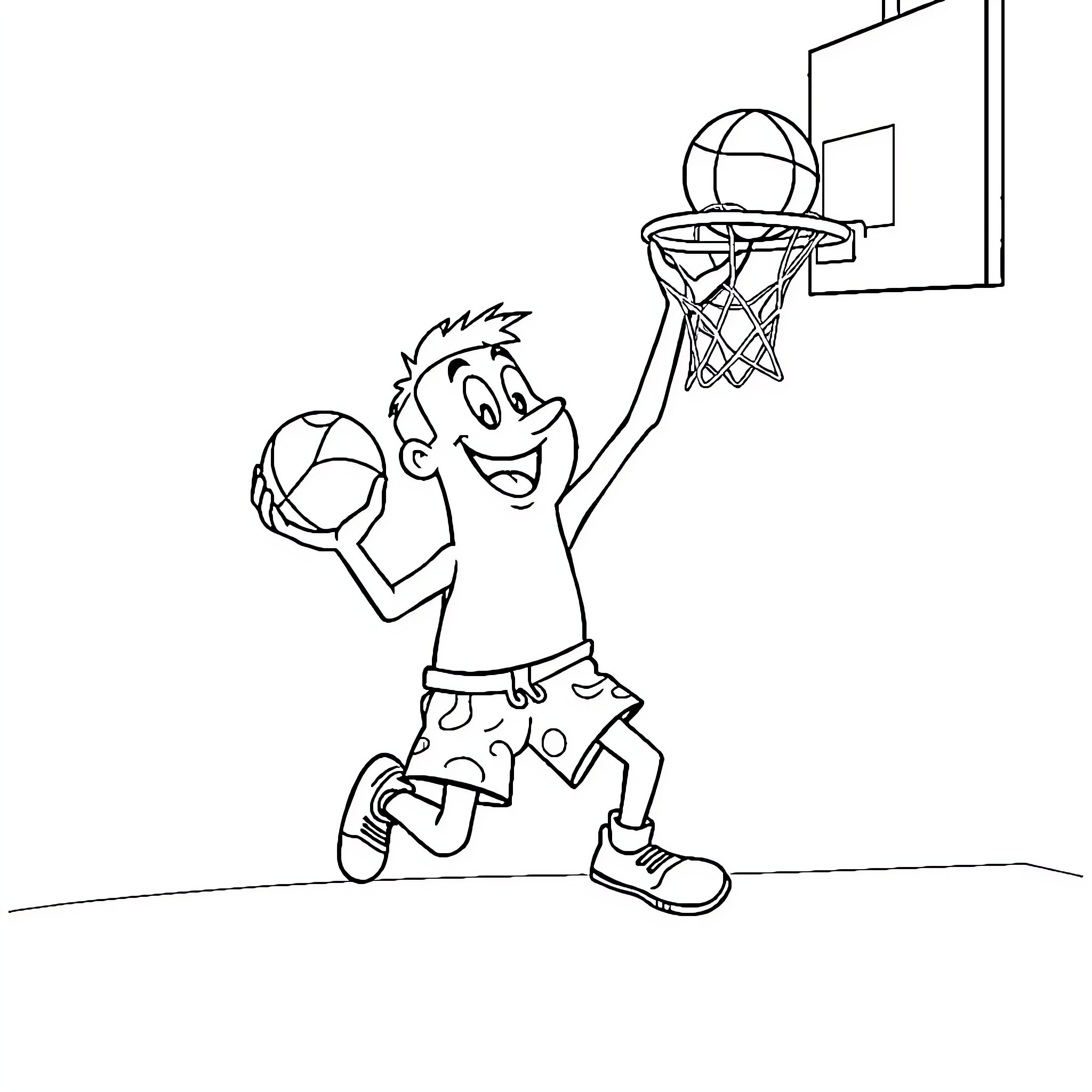 Bob l'éponge playing basketball in the gym Coloring Page (free black-and-white line drawing printable PDF for all, from beginners to advanced learners, including children, teens, adults, and seniors)