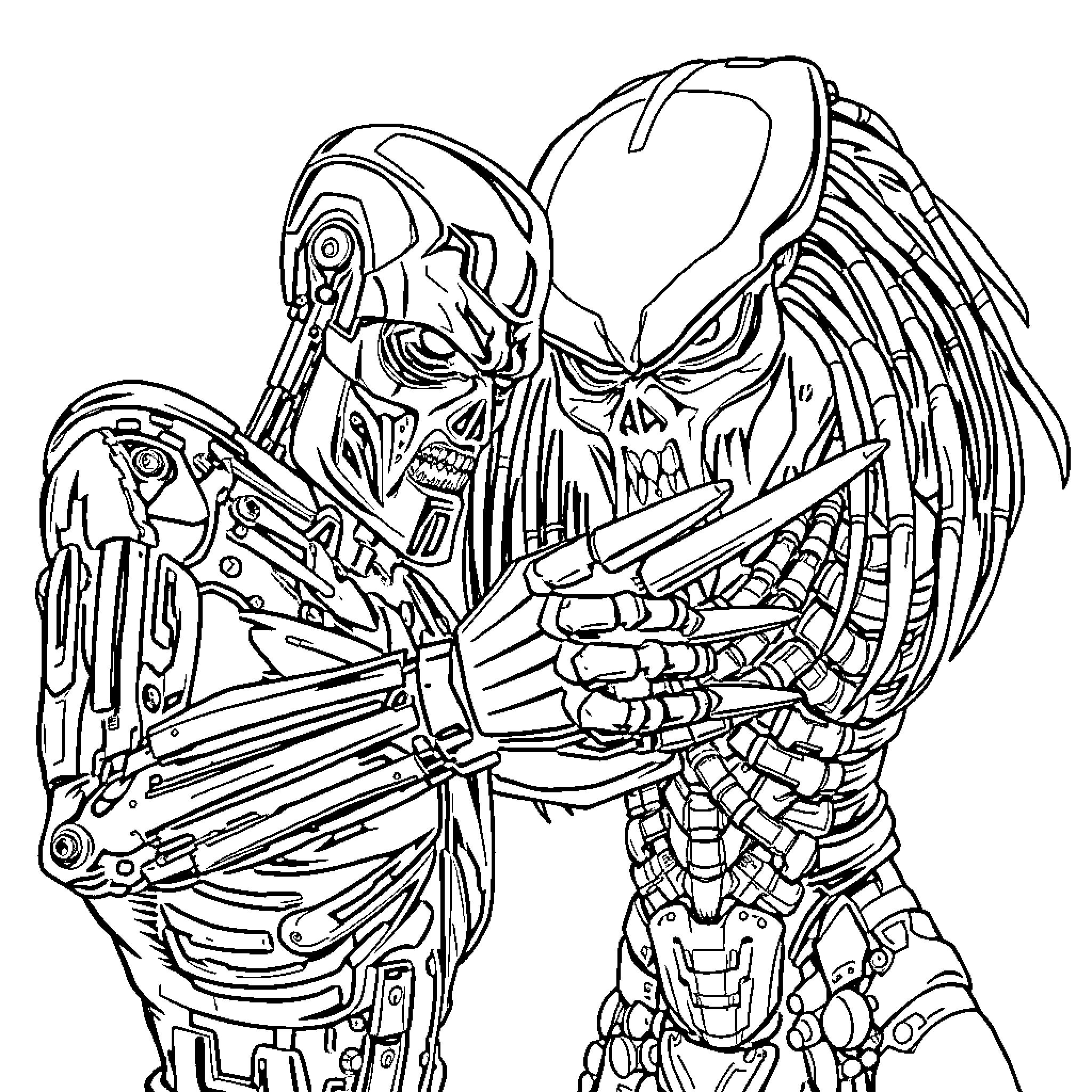 Terminator Warrior Wielding Futuristic Weapon Coloring Page (free black-and-white line drawing printable PDF for all, from beginners to advanced learners, including children, teens, adults, and seniors)