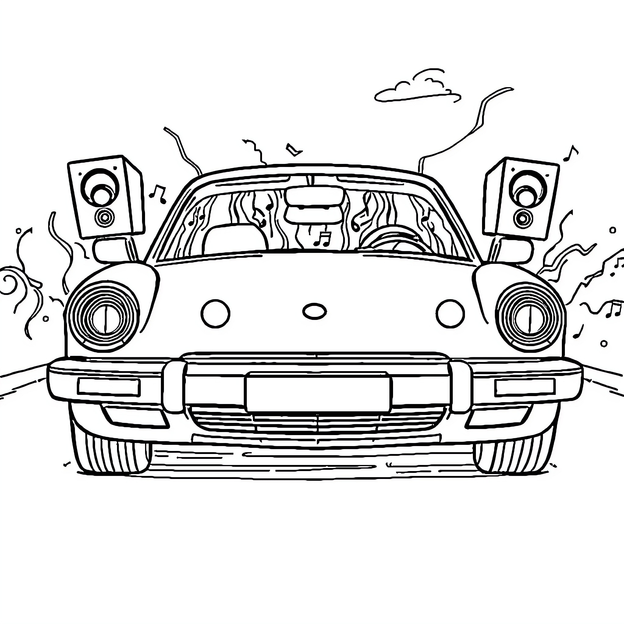 Car with Loud Music and Sound System Coloring Page (free black-and-white line drawing printable PDF for all, from beginners to advanced learners, including children, teens, adults, and seniors)