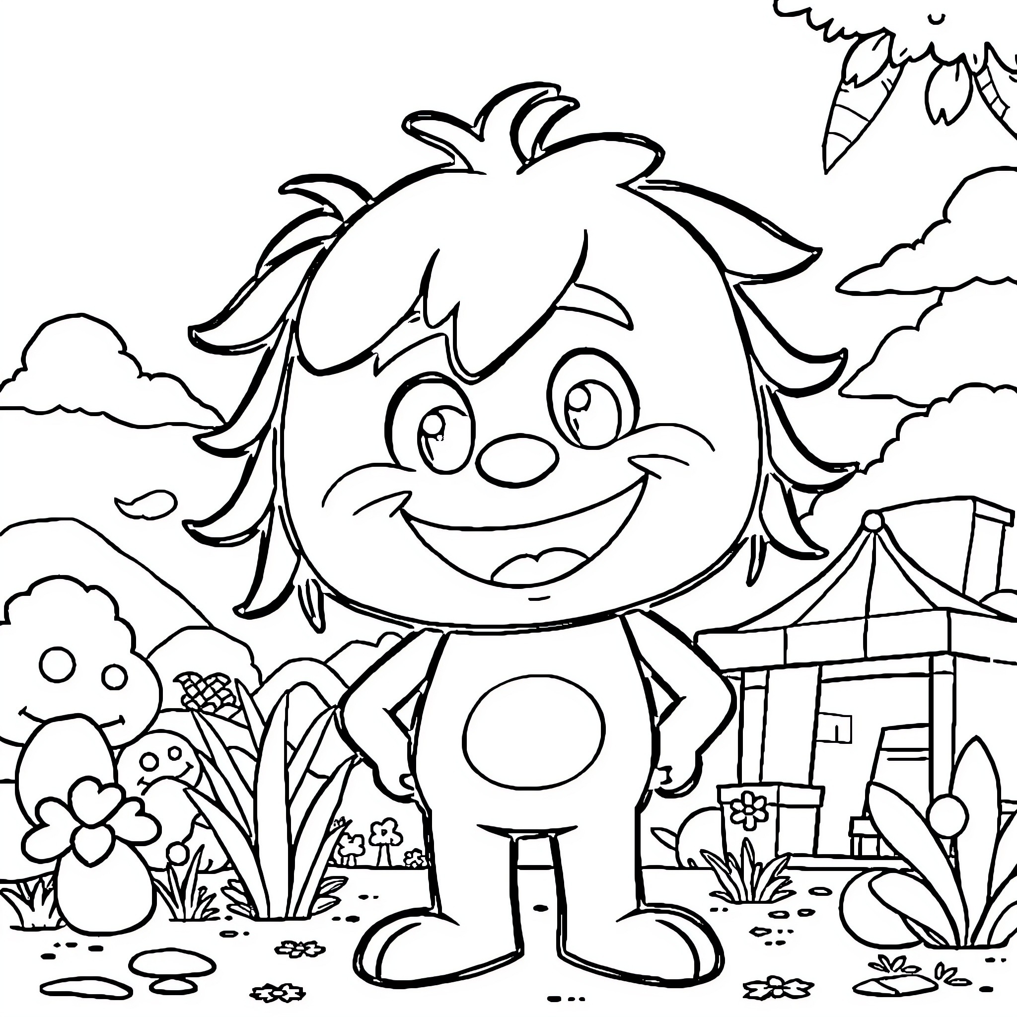 Labobo's Playful Adventure in the Countryside Coloring Page (free black-and-white line drawing printable PDF for all, from beginners to advanced learners, including children, teens, adults, and seniors)