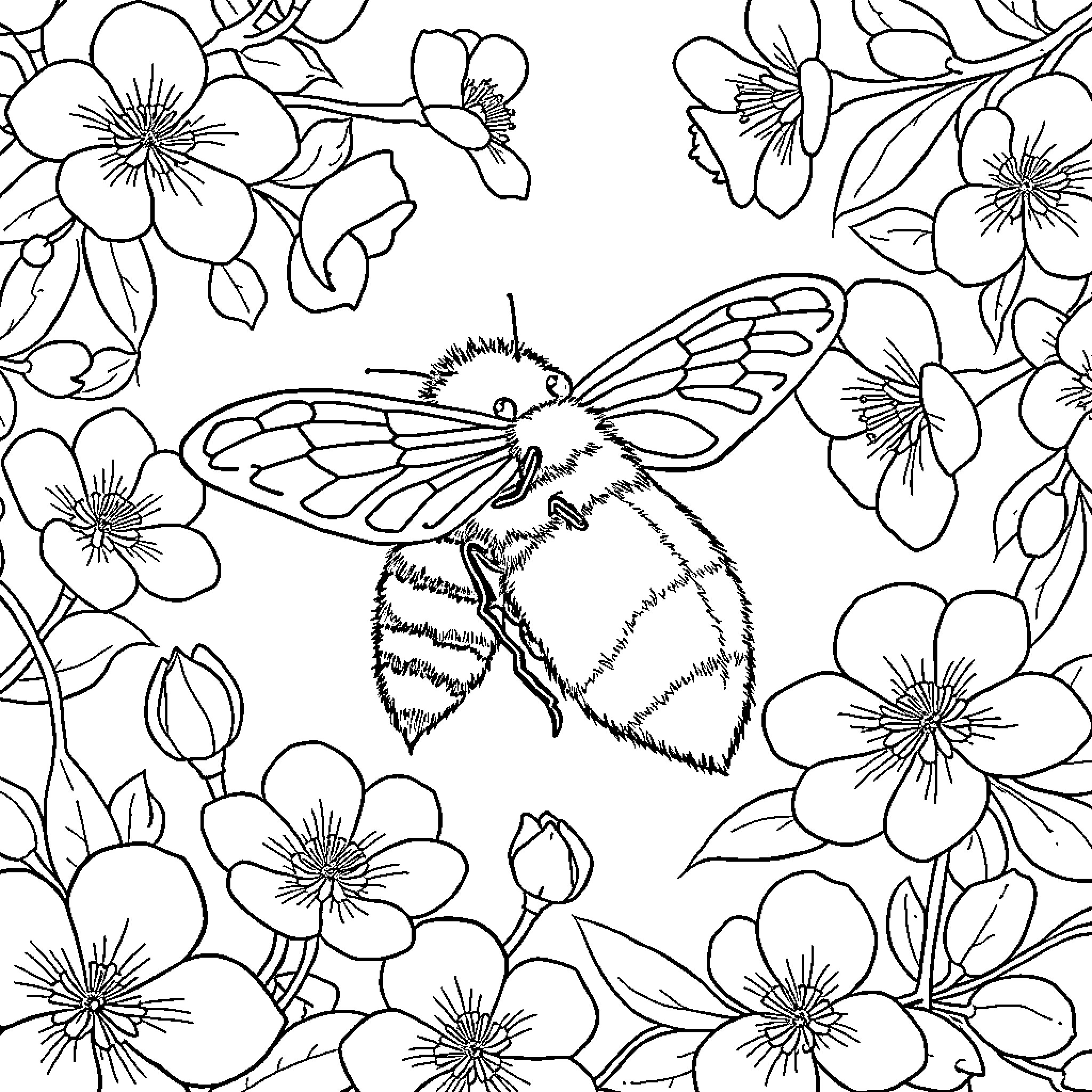 Bee amidst floral blossoms Coloring Page (free black-and-white line drawing printable PDF for all, from beginners to advanced learners, including children, teens, adults, and seniors)