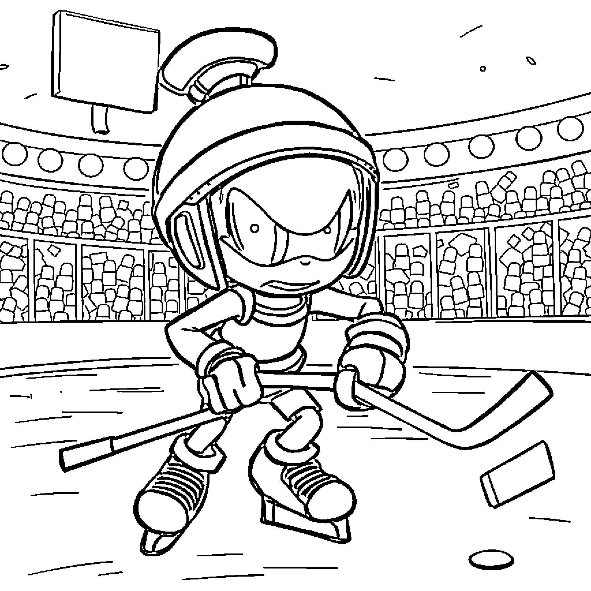 Marvin the Martian playing hockey on the ice rink Coloring Page (free black-and-white line drawing printable PDF for all, from beginners to advanced learners, including children, teens, adults, and seniors)