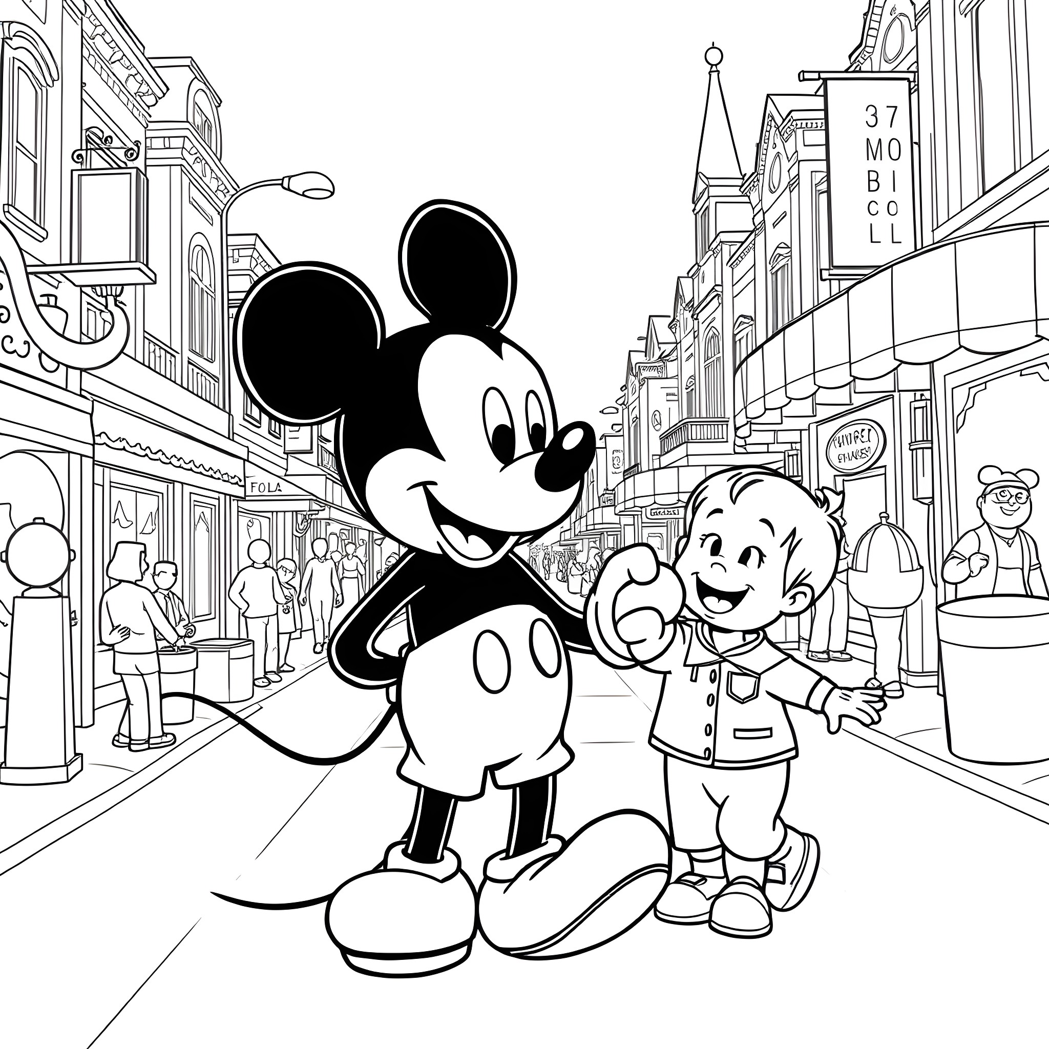 Mickey Mouse and a friend exploring a city street Coloring Page (free black-and-white line drawing printable PDF for all, from beginners to advanced learners, including children, teens, adults, and seniors)