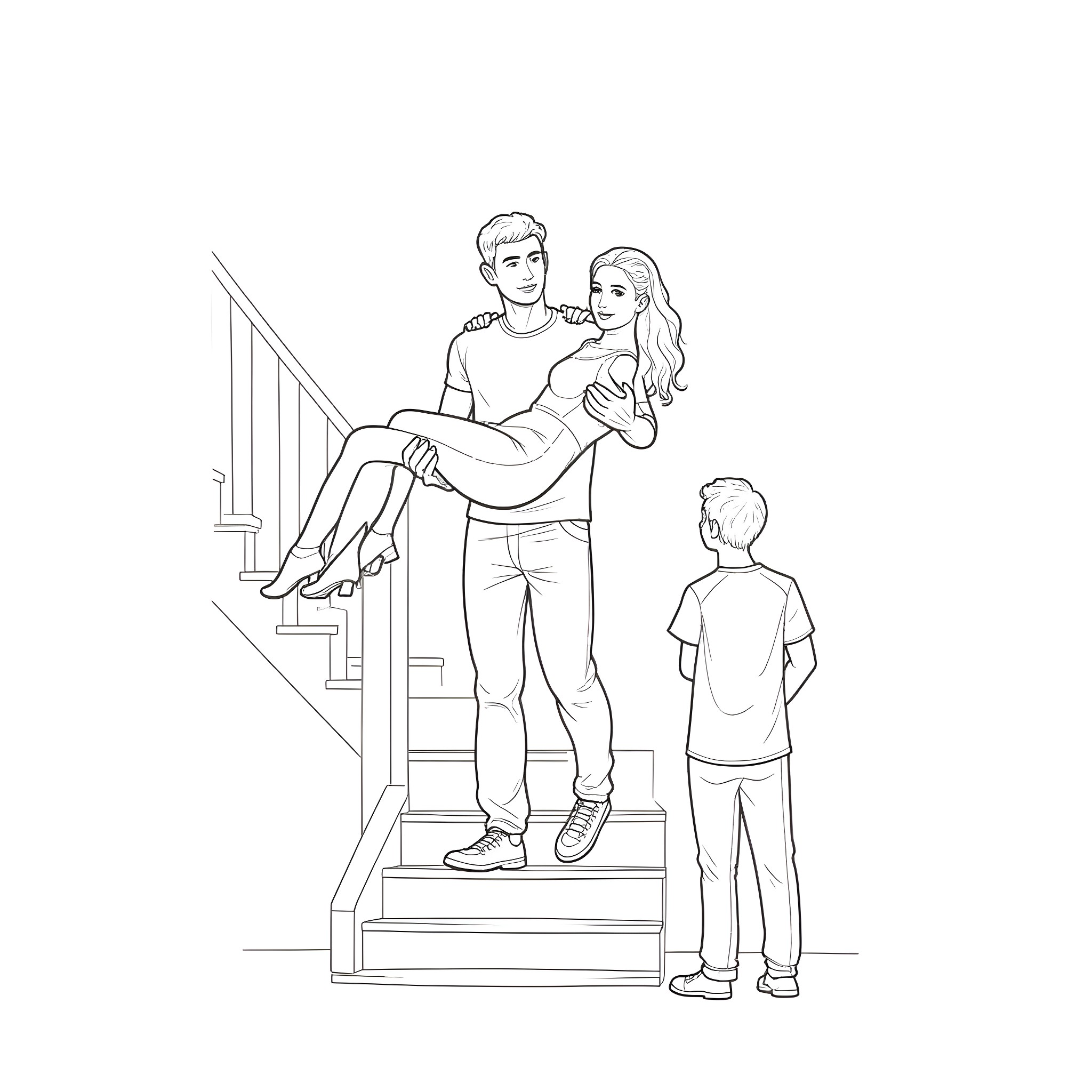 Man carrying woman upstairs with child observing Coloring Page (free black-and-white line drawing printable PDF for all, from beginners to advanced learners, including children, teens, adults, and seniors)