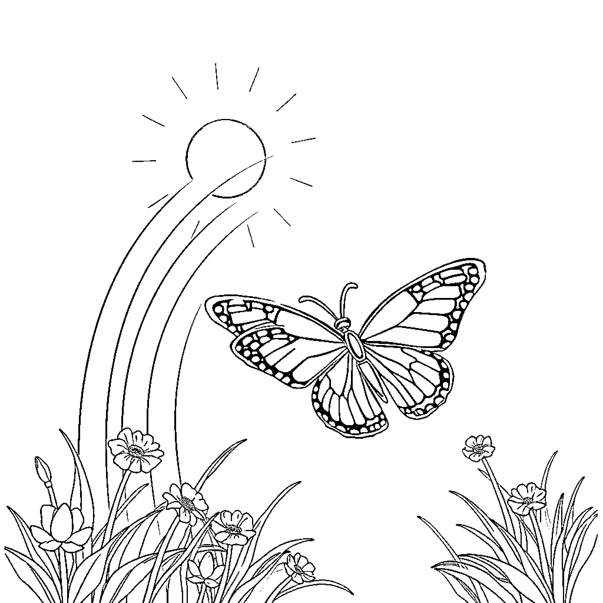 Butterfly soaring in a vibrant garden Coloring Page (free black-and-white line drawing printable PDF for all, from beginners to advanced learners, including children, teens, adults, and seniors)