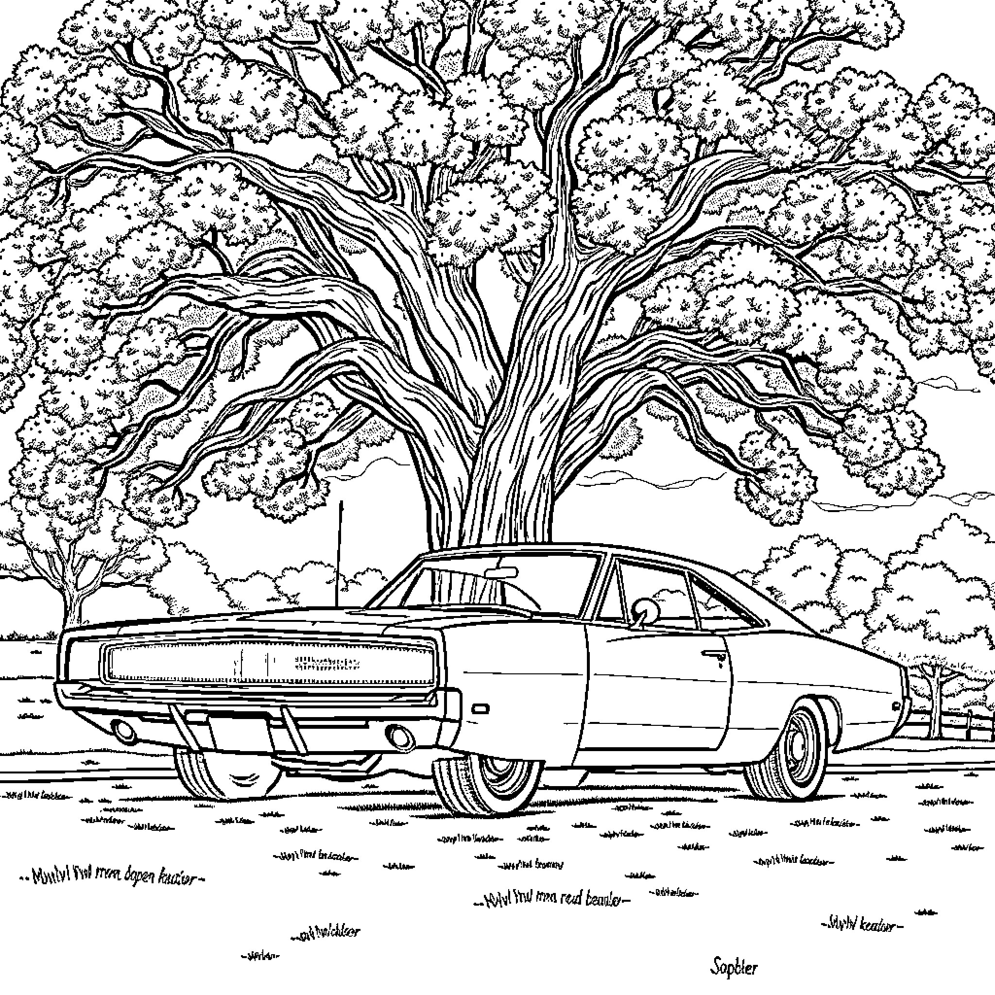 Dodge Charger parked under blooming tree Coloring Page (free black-and-white line drawing printable PDF for all, from beginners to advanced learners, including children, teens, adults, and seniors)