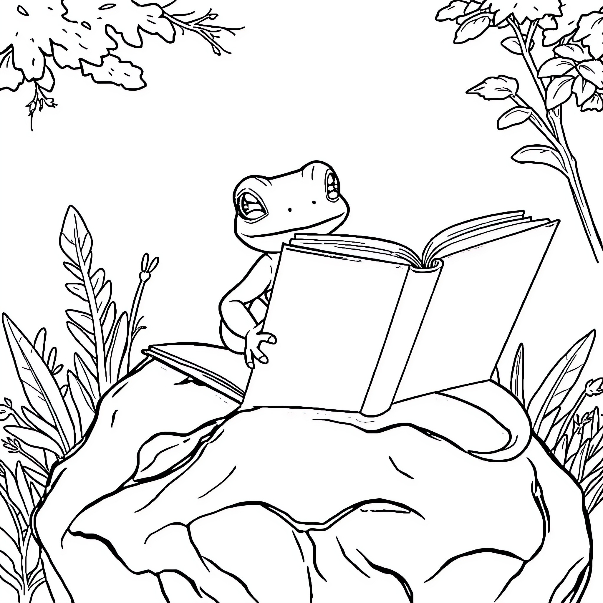 Lizard reading book in the nature Coloring Page (free black-and-white line drawing printable PDF for all, from beginners to advanced learners, including children, teens, adults, and seniors)