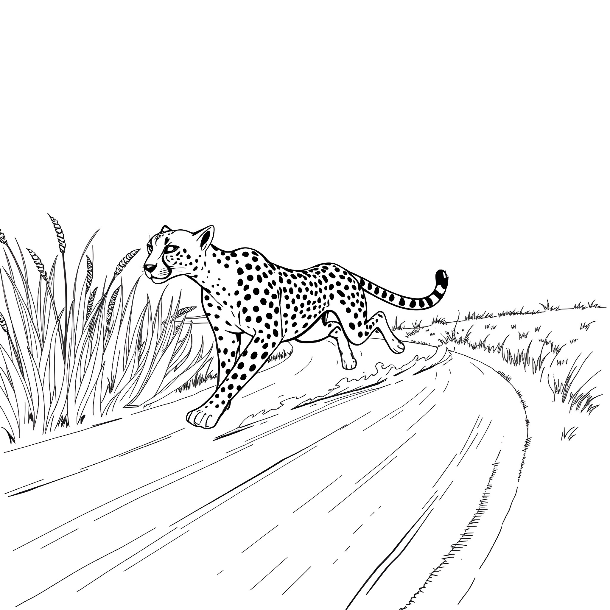 Cheetah sprinting through the grassland Coloring Page (free black-and-white line drawing printable PDF for all, from beginners to advanced learners, including children, teens, adults, and seniors)