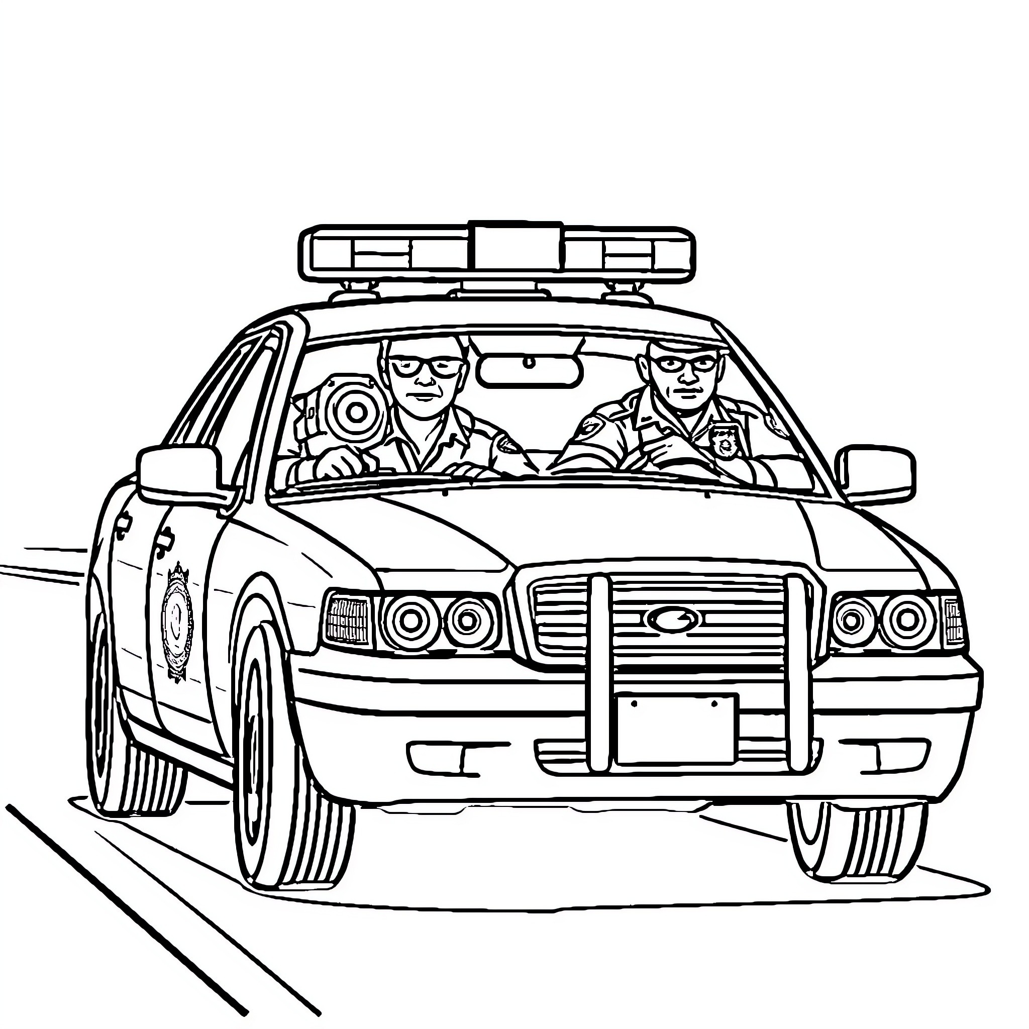 Police Officers in Patrol Car on Duty Coloring Page (free black-and-white line drawing printable PDF for all, from beginners to advanced learners, including children, teens, adults, and seniors)