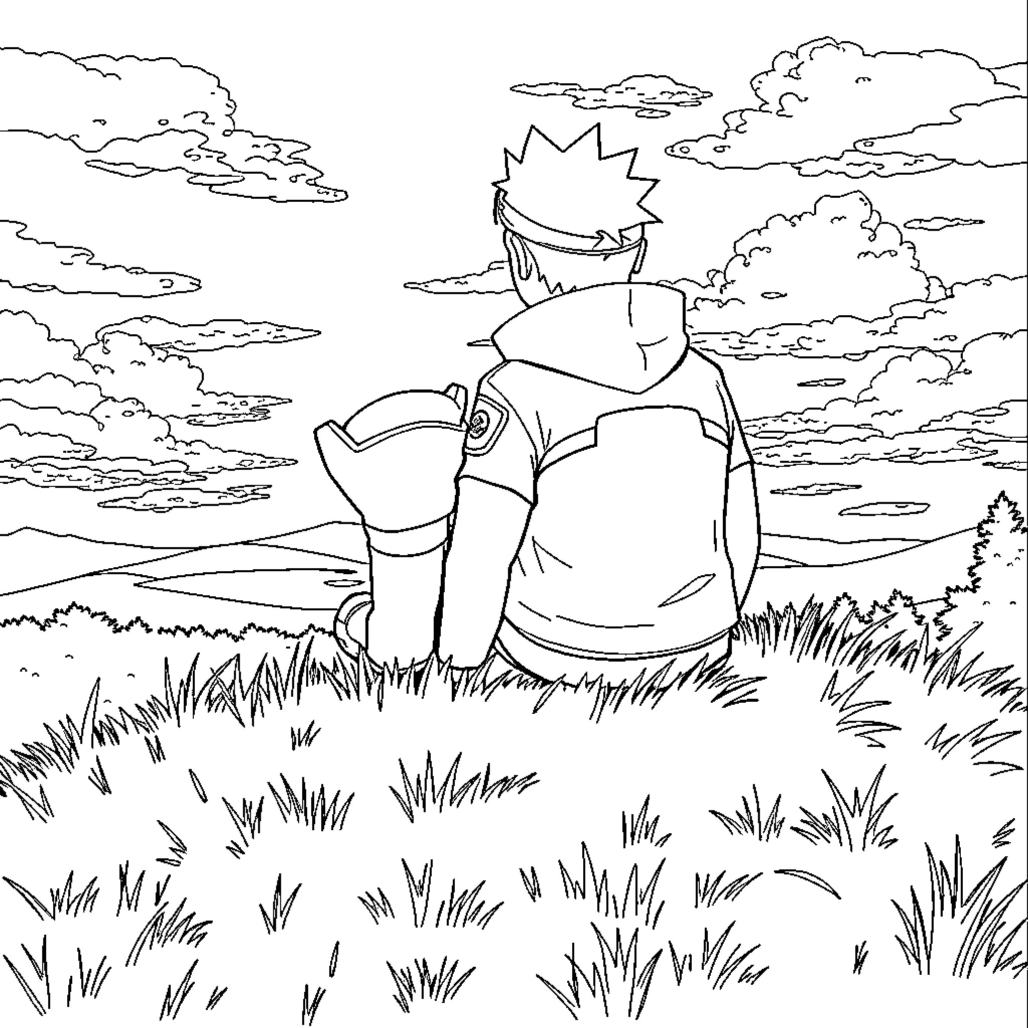 Finn gazing out at the landscape Coloring Page (free black-and-white line drawing printable PDF for all, from beginners to advanced learners, including children, teens, adults, and seniors)