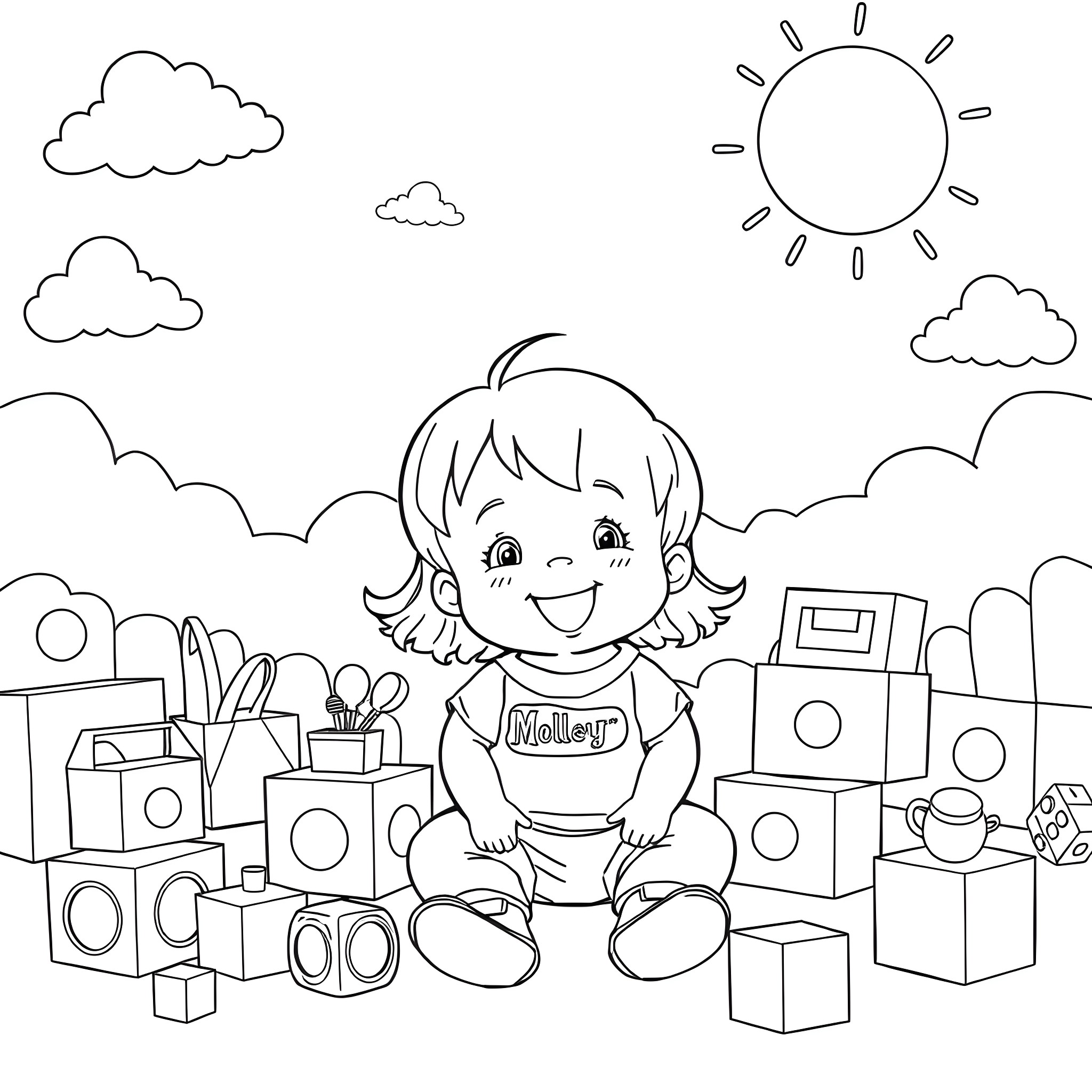 Toddler playing with toys in the sunshine Coloring Page (free black-and-white line drawing printable PDF for all, from beginners to advanced learners, including children, teens, adults, and seniors)