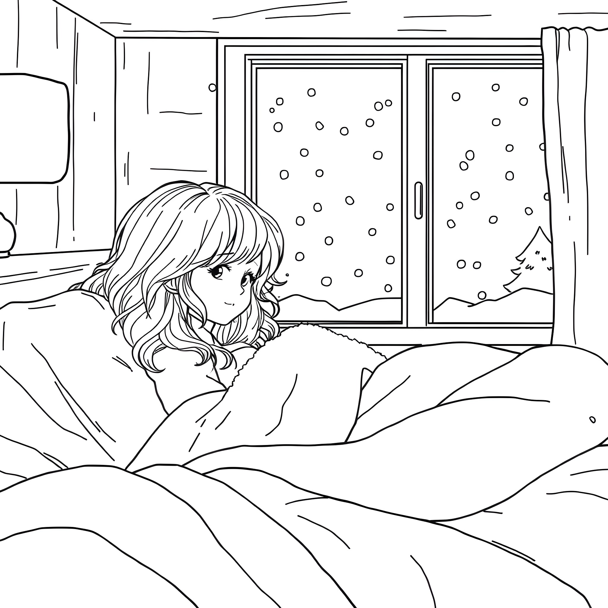 Girl looking out winter window from bed Coloring Page (free black-and-white line drawing printable PDF for all, from beginners to advanced learners, including children, teens, adults, and seniors)