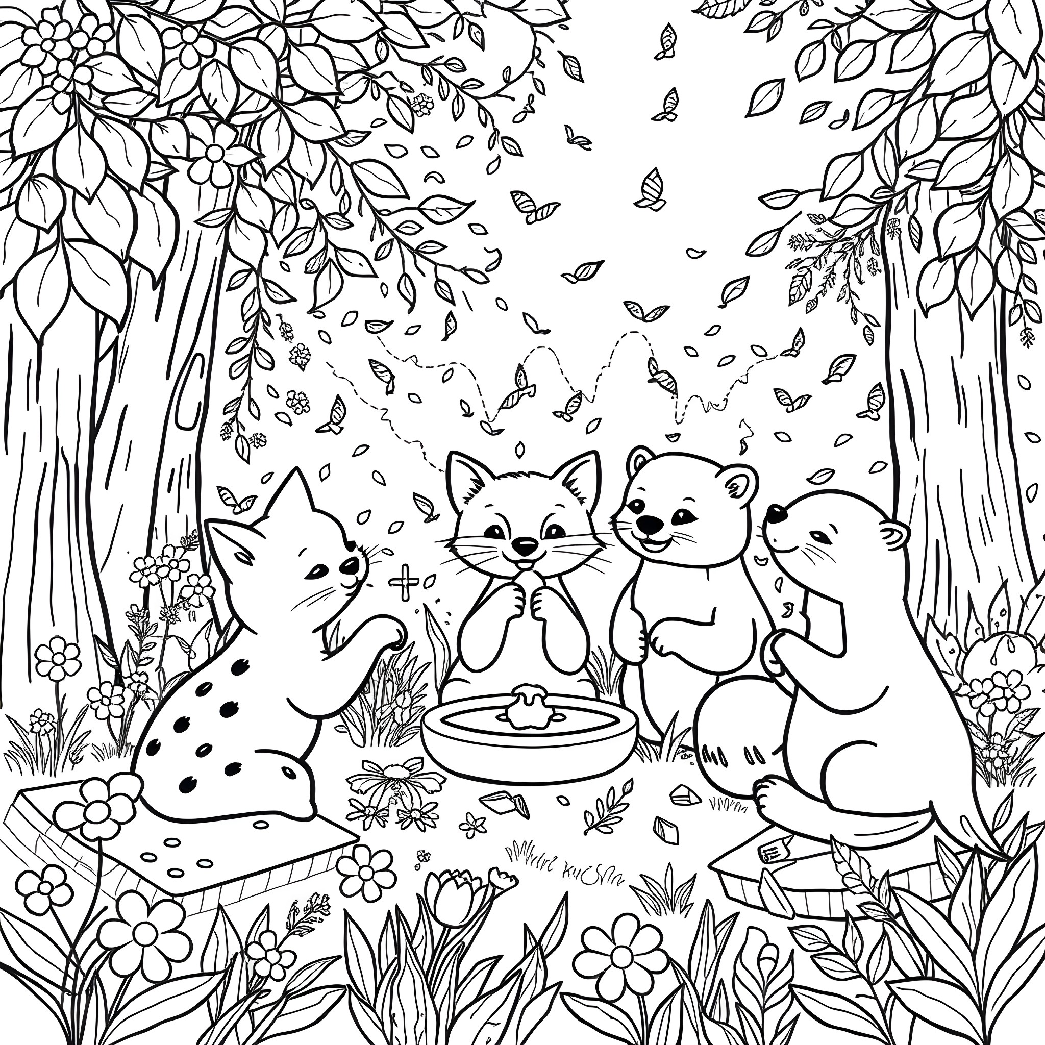 Cute Cats Enjoying Nature in Forest Coloring Page (free black-and-white line drawing printable PDF for all, from beginners to advanced learners, including children, teens, adults, and seniors)