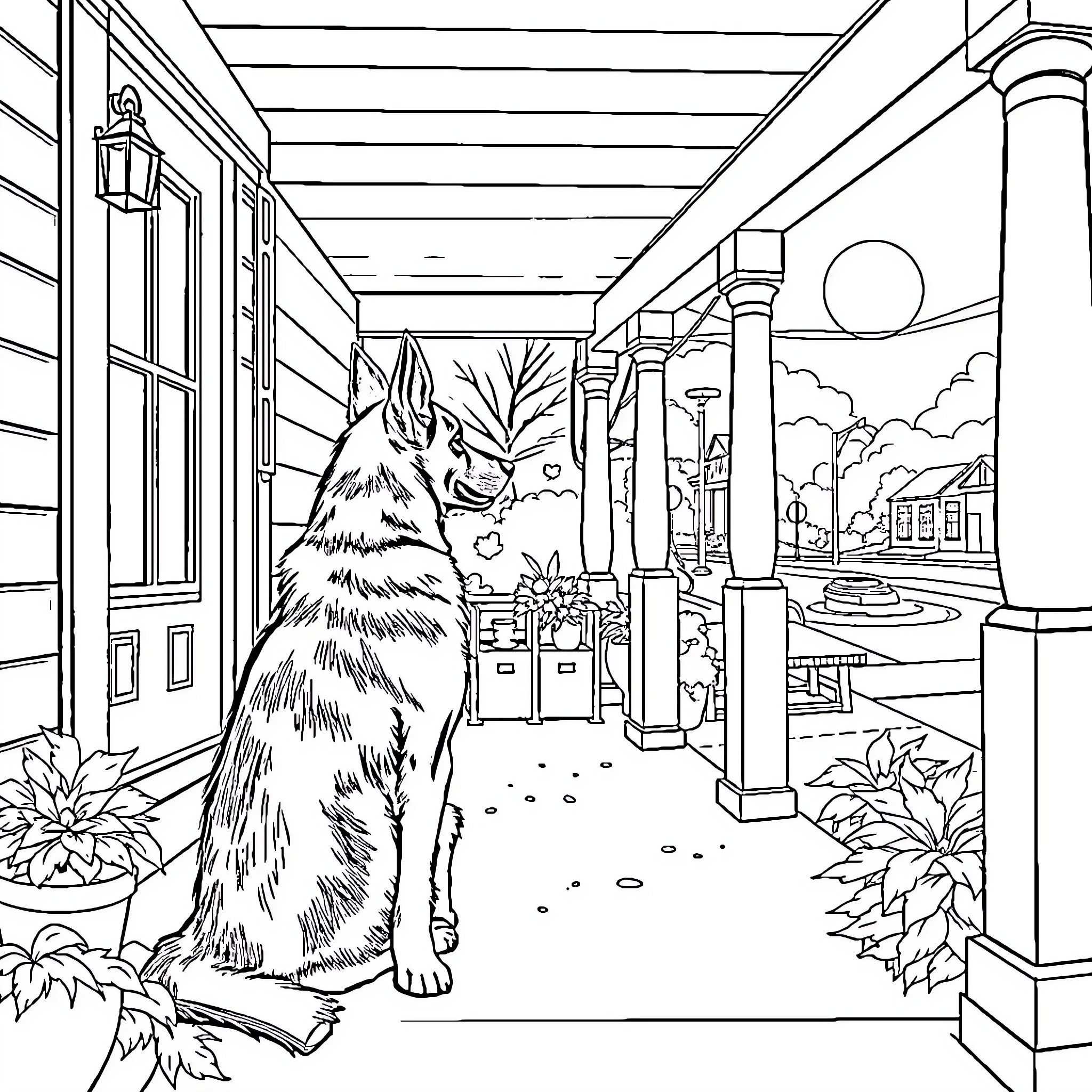 German Shepherd guarding a quaint country porch Coloring Page (free black-and-white line drawing printable PDF for all, from beginners to advanced learners, including children, teens, adults, and seniors)