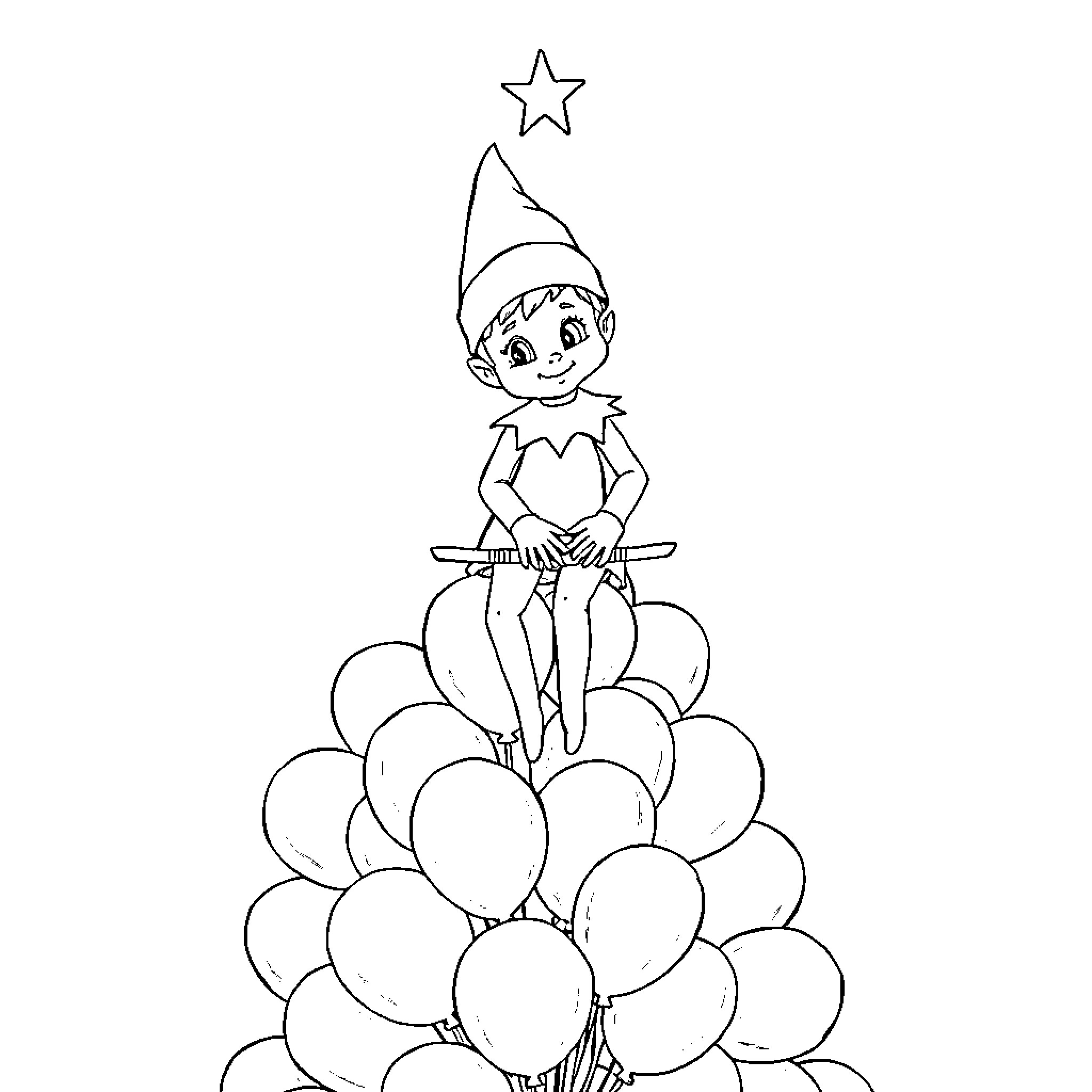 Elf sitting atop a balloon bouquet Coloring Page (free black-and-white line drawing printable PDF for all, from beginners to advanced learners, including children, teens, adults, and seniors)