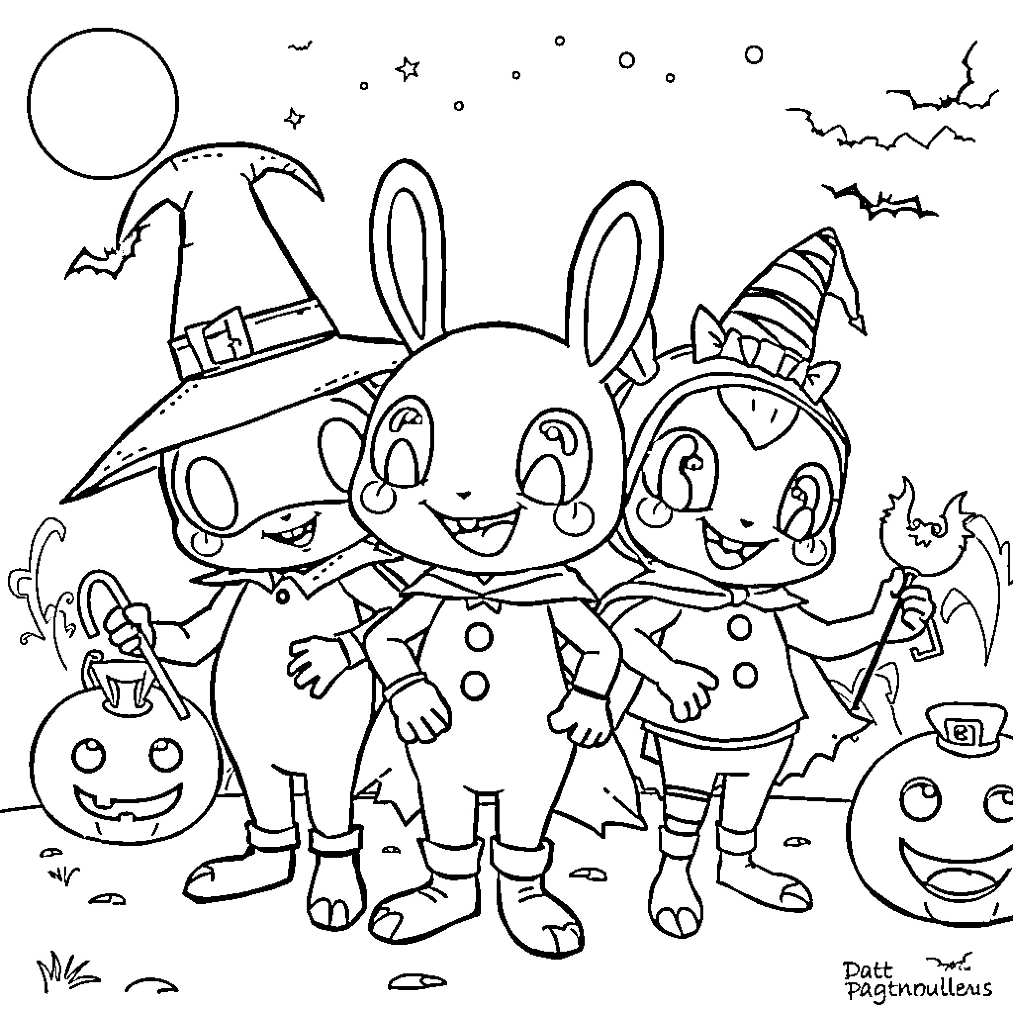 Paw Patrol friends celebrate Halloween night Coloring Page (free black-and-white line drawing printable PDF for all, from beginners to advanced learners, including children, teens, adults, and seniors)
