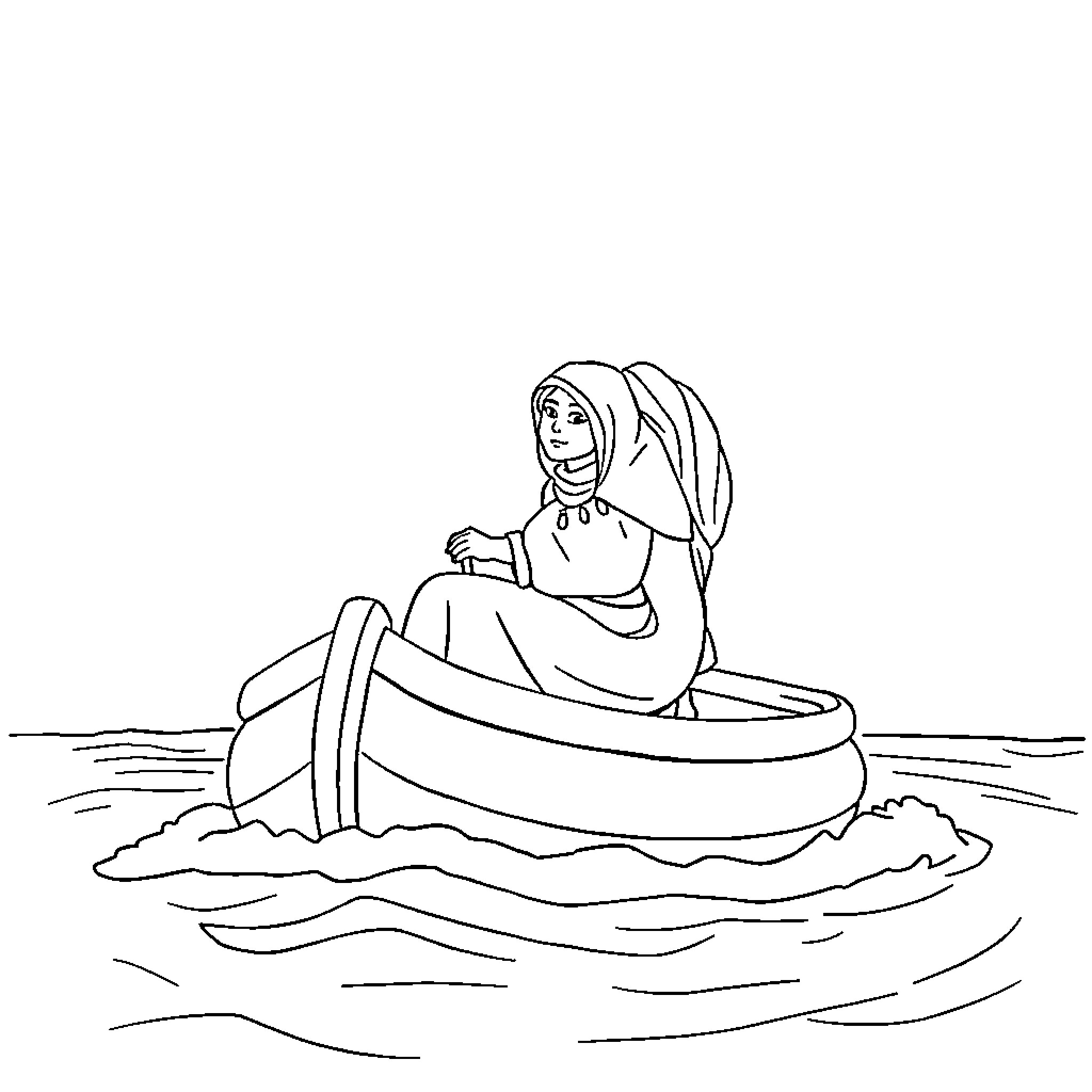 Zéna rowing a boat on a serene lake Coloring Page (free black-and-white line drawing printable PDF for all, from beginners to advanced learners, including children, teens, adults, and seniors)