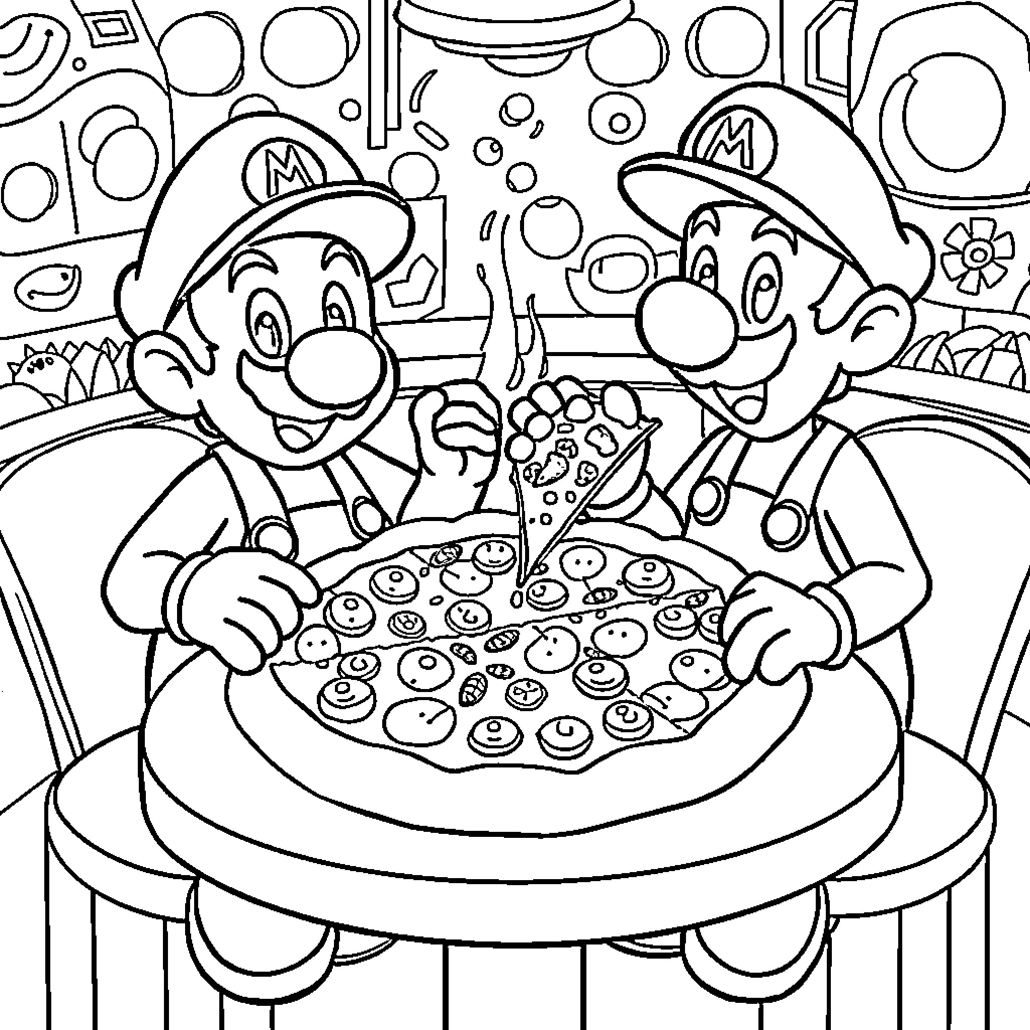 Mario and Luigi Enjoy a Delightful Meal Coloring Page (free black-and-white line drawing printable PDF for all, from beginners to advanced learners, including children, teens, adults, and seniors)