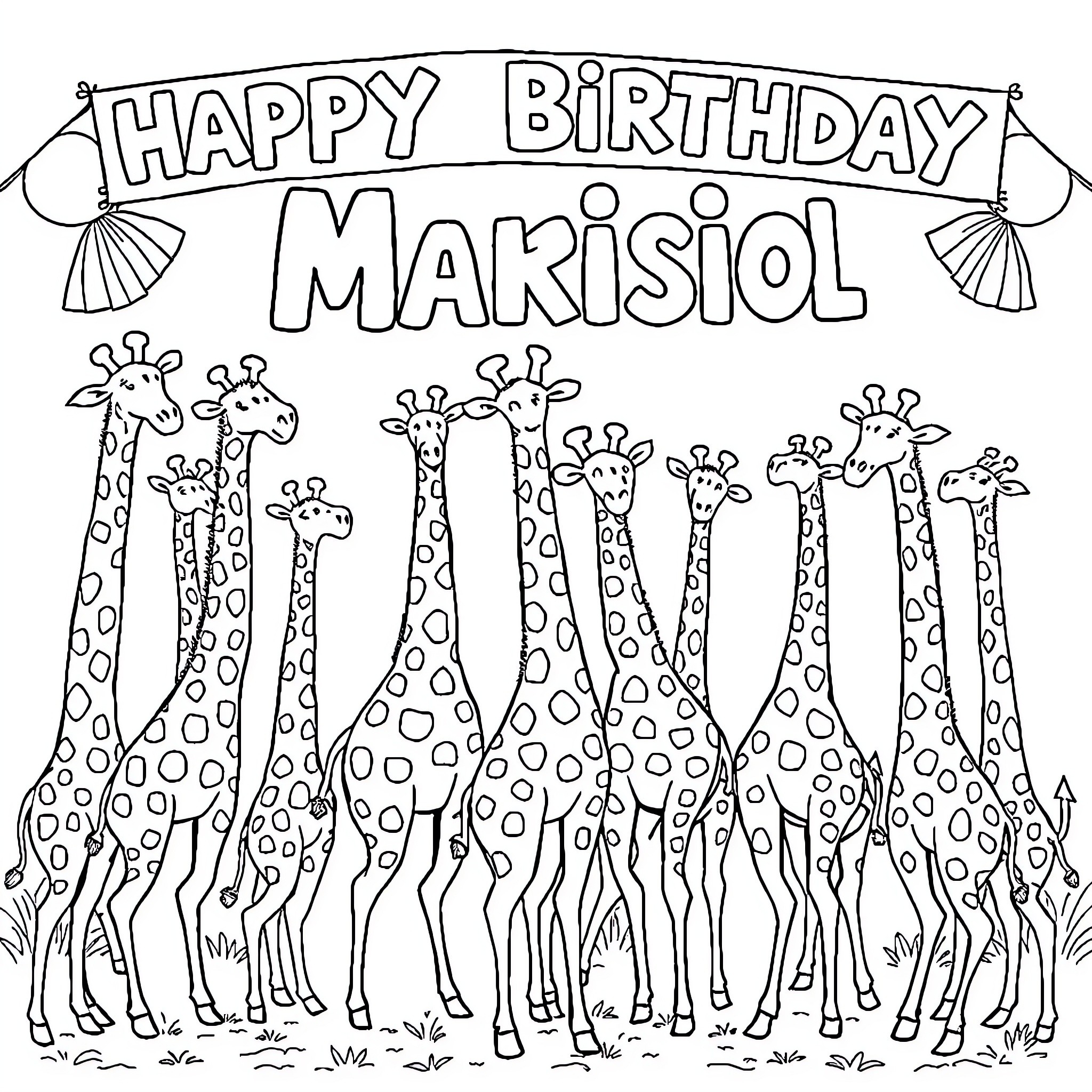 Giraffe party celebrating Marisiol's birthday Coloring Page (free black-and-white line drawing printable PDF for all, from beginners to advanced learners, including children, teens, adults, and seniors)