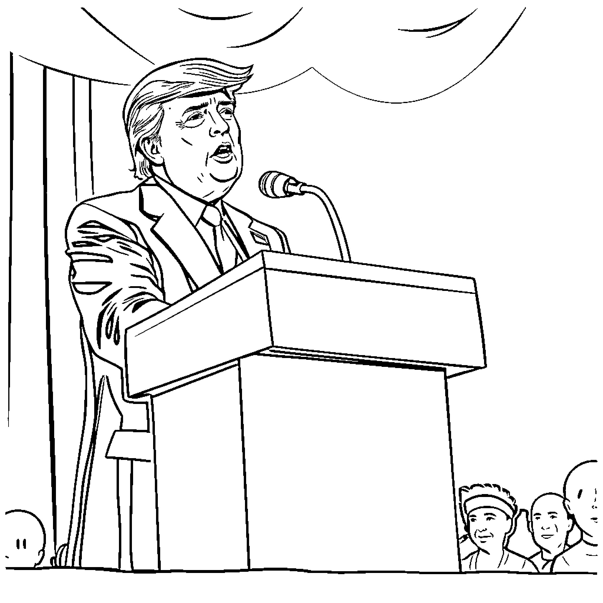 Donald Trump delivering speech at podium Coloring Page (free black-and-white line drawing printable PDF for all, from beginners to advanced learners, including children, teens, adults, and seniors)