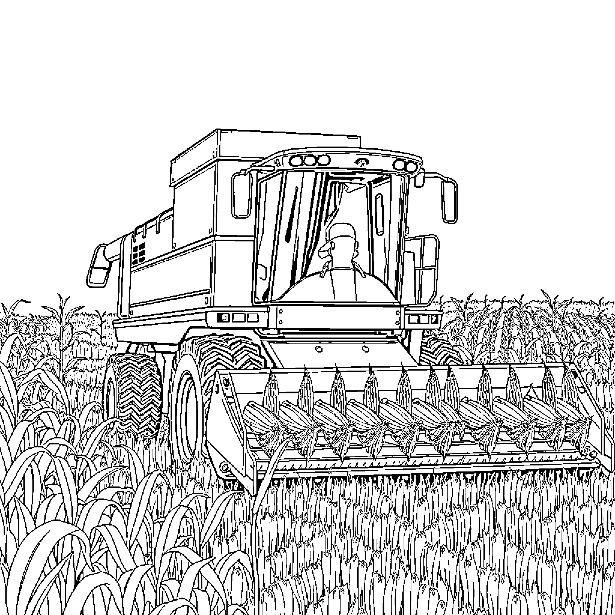 Corn Harvester Working in the Field Coloring Page (free black-and-white line drawing printable PDF for all, from beginners to advanced learners, including children, teens, adults, and seniors)