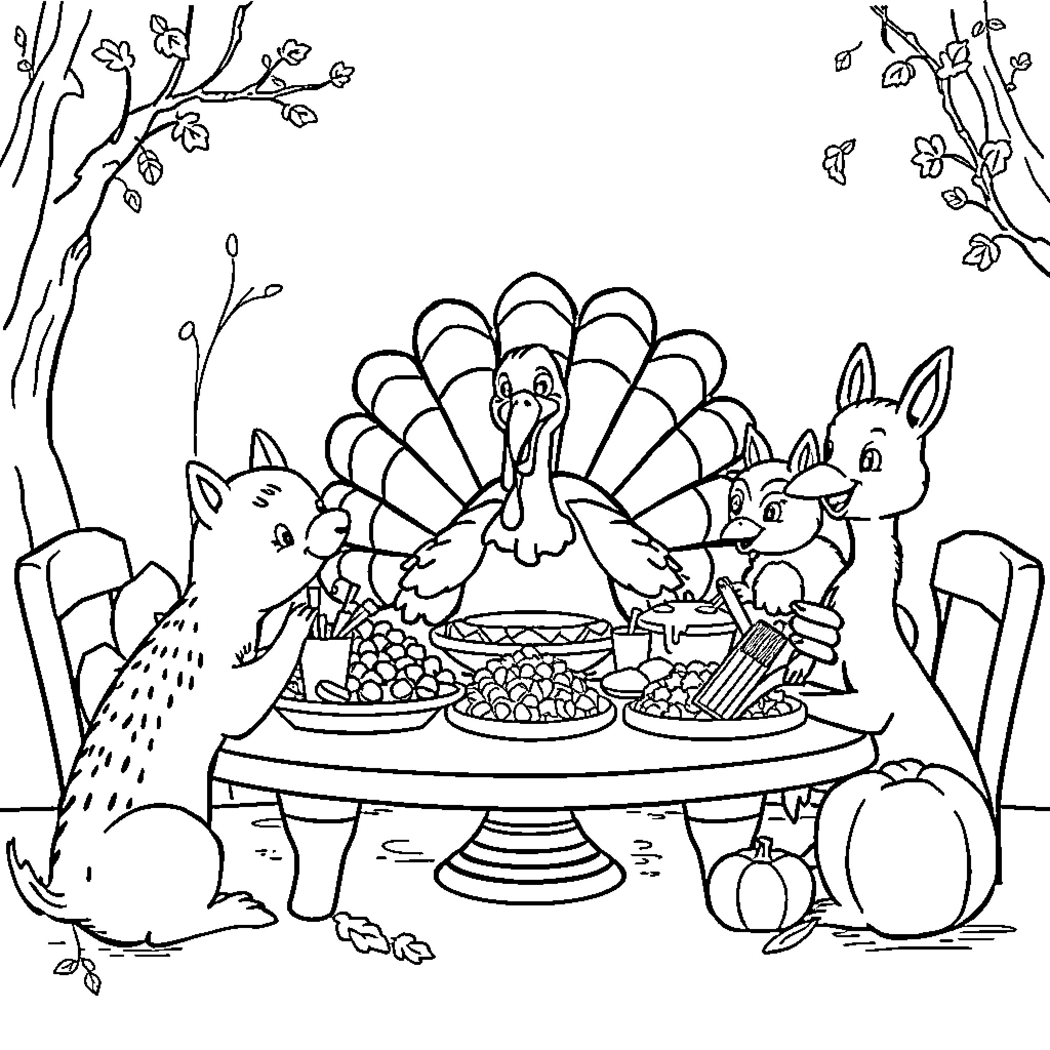 Turkey and Woodland Creatures Enjoying Thanksgiving Feast Coloring Page (free black-and-white line drawing printable PDF for all, from beginners to advanced learners, including children, teens, adults, and seniors)