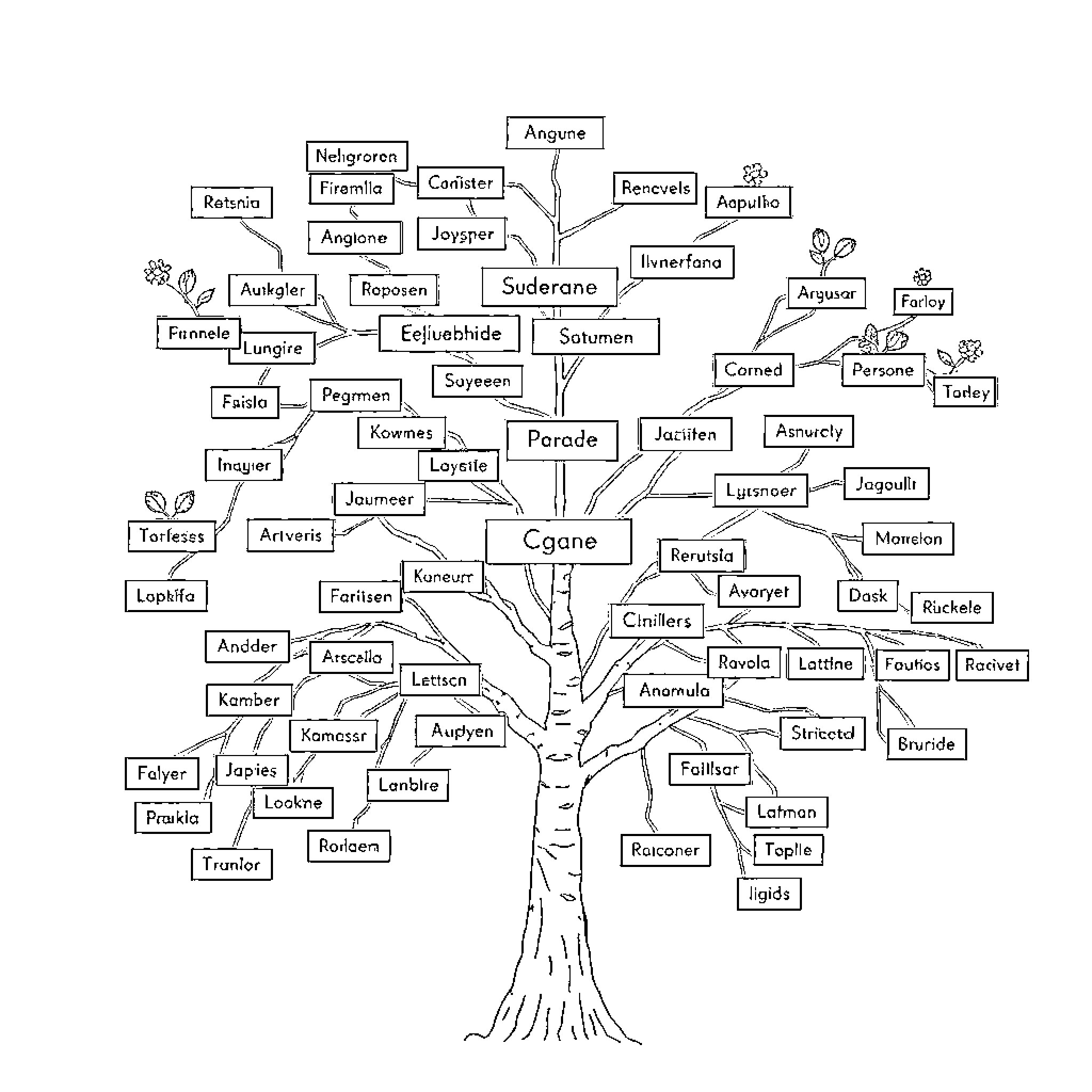 Tree of unique and diverse names Coloring Page (free black-and-white line drawing printable PDF for all, from beginners to advanced learners, including children, teens, adults, and seniors)