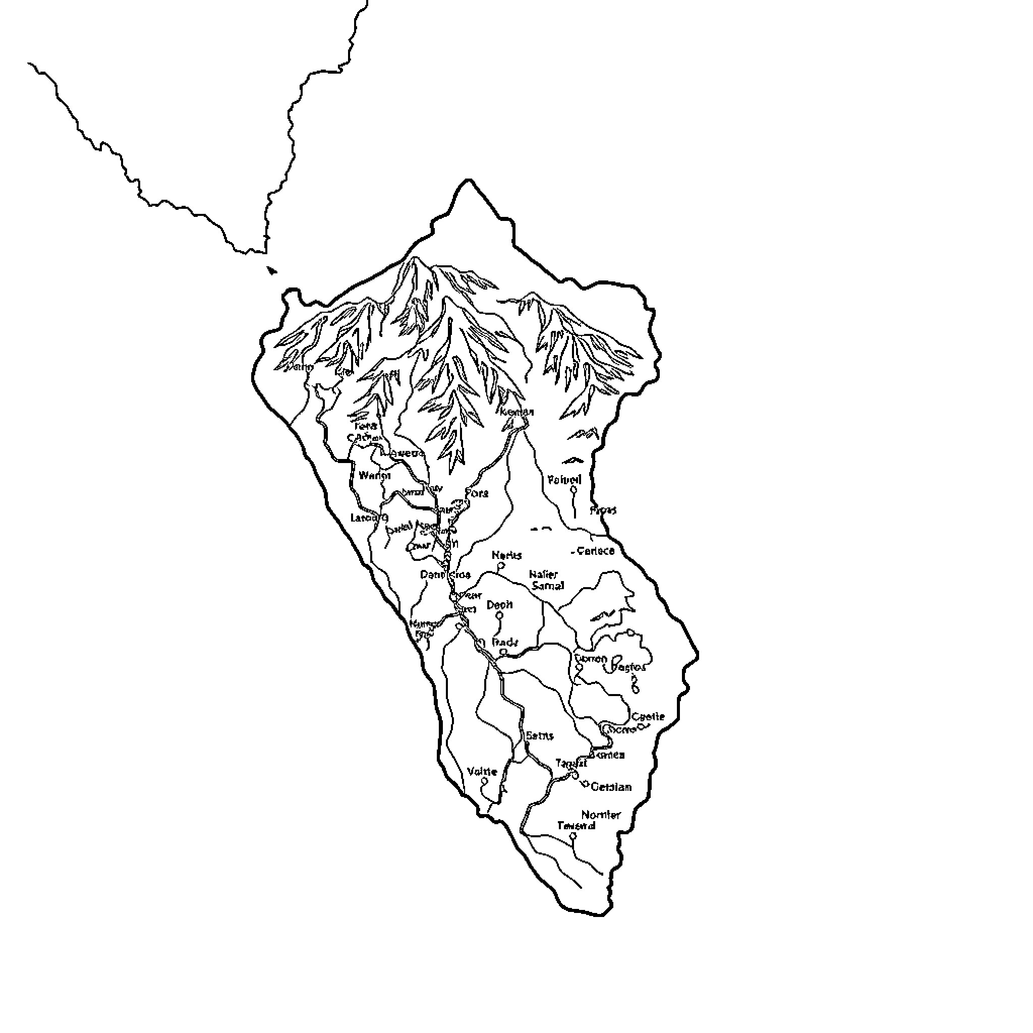 Map of rugged mountain terrain Coloring Page (free black-and-white line drawing printable PDF for all, from beginners to advanced learners, including children, teens, adults, and seniors)