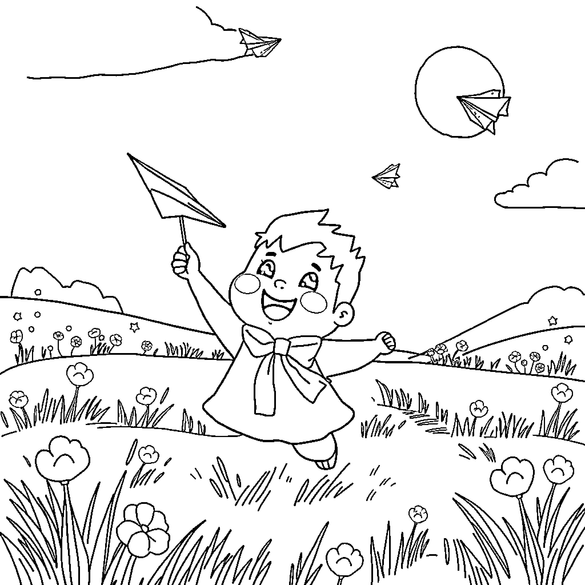Tanjiro playing joyfully in the meadow Coloring Page (free black-and-white line drawing printable PDF for all, from beginners to advanced learners, including children, teens, adults, and seniors)