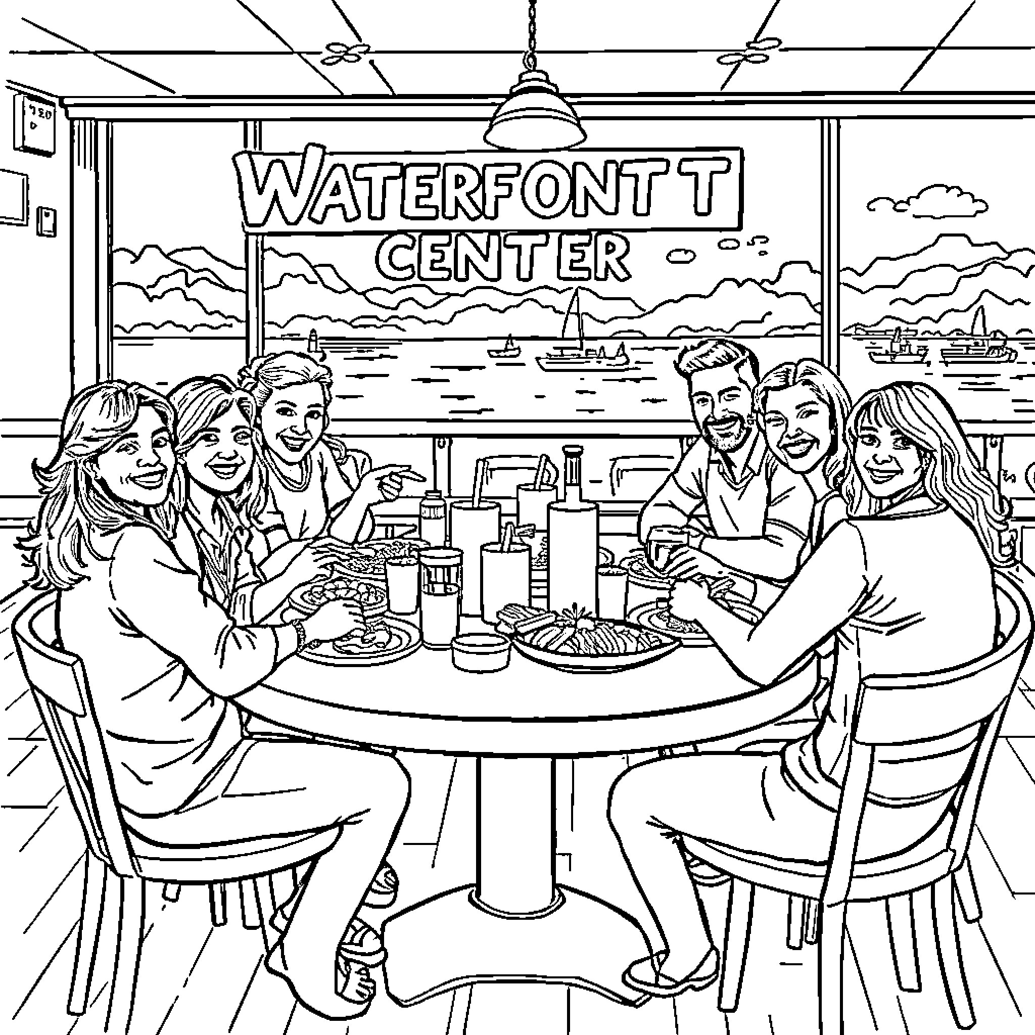 Friend's Gathering at the Waterfront Center Coloring Page (free black-and-white line drawing printable PDF for all, from beginners to advanced learners, including children, teens, adults, and seniors)