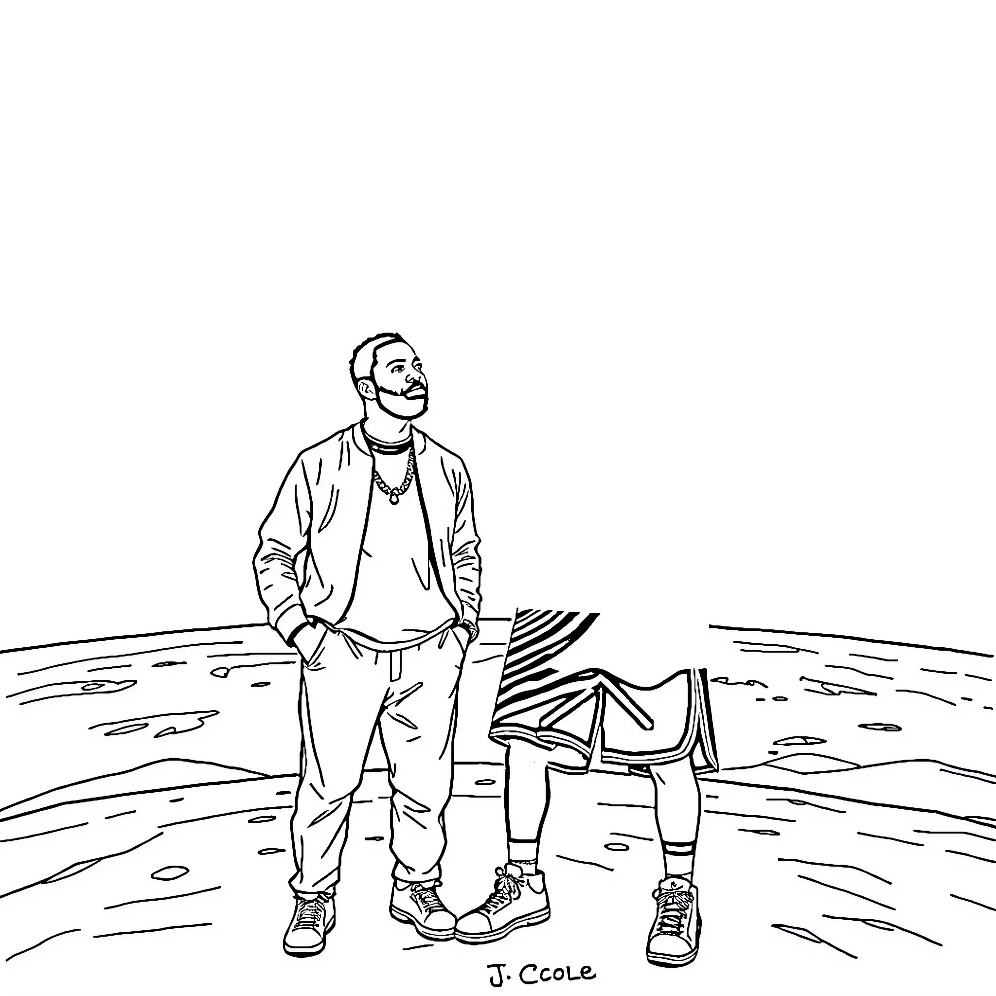 J Cole Stands Confidently in Casual Attire Coloring Page (free black-and-white line drawing printable PDF for all, from beginners to advanced learners, including children, teens, adults, and seniors)