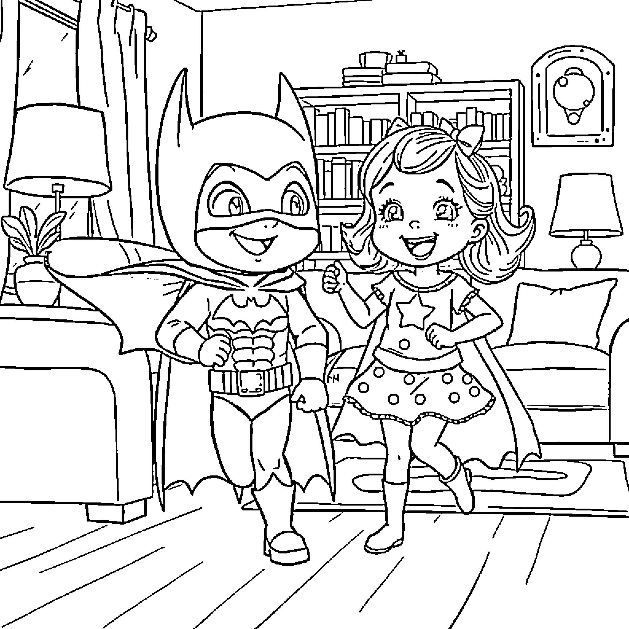 Bluey and friend playing in the living room Coloring Page (free black-and-white line drawing printable PDF for all, from beginners to advanced learners, including children, teens, adults, and seniors)