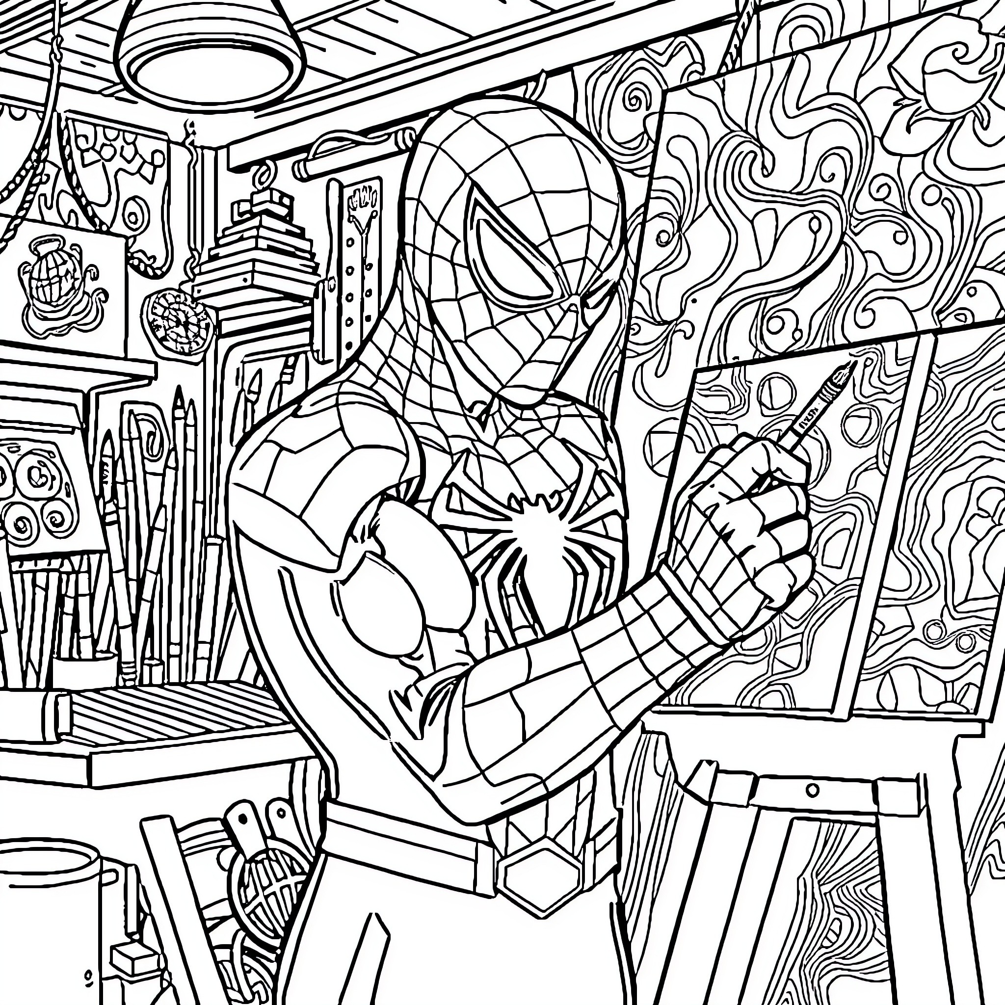 Spiderman painting with artistic flair in a creative studio Coloring Page (free black-and-white line drawing printable PDF for all, from beginners to advanced learners, including children, teens, adults, and seniors)
