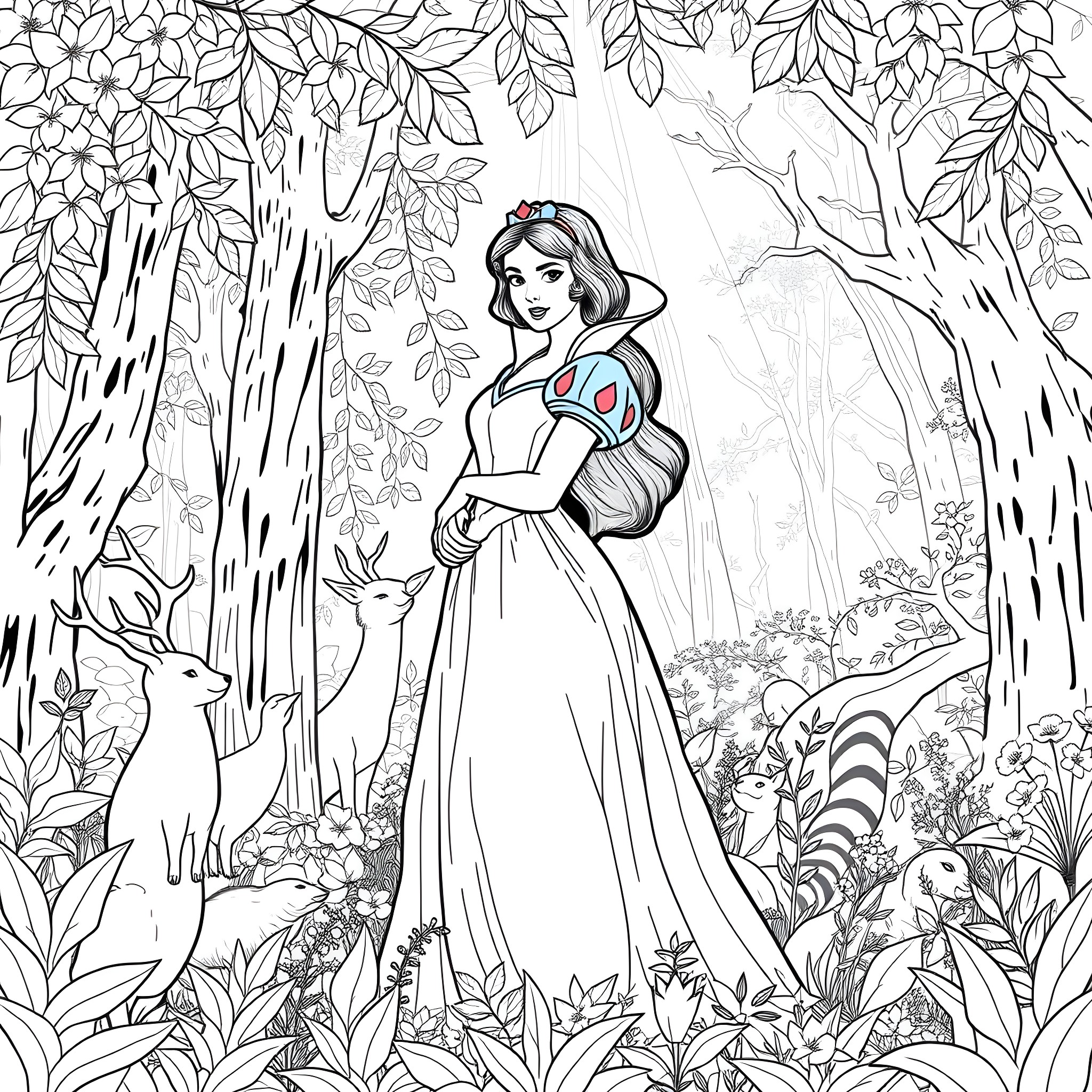 Snow White's enchanting forest encounter Coloring Page (free black-and-white line drawing printable PDF for all, from beginners to advanced learners, including children, teens, adults, and seniors)