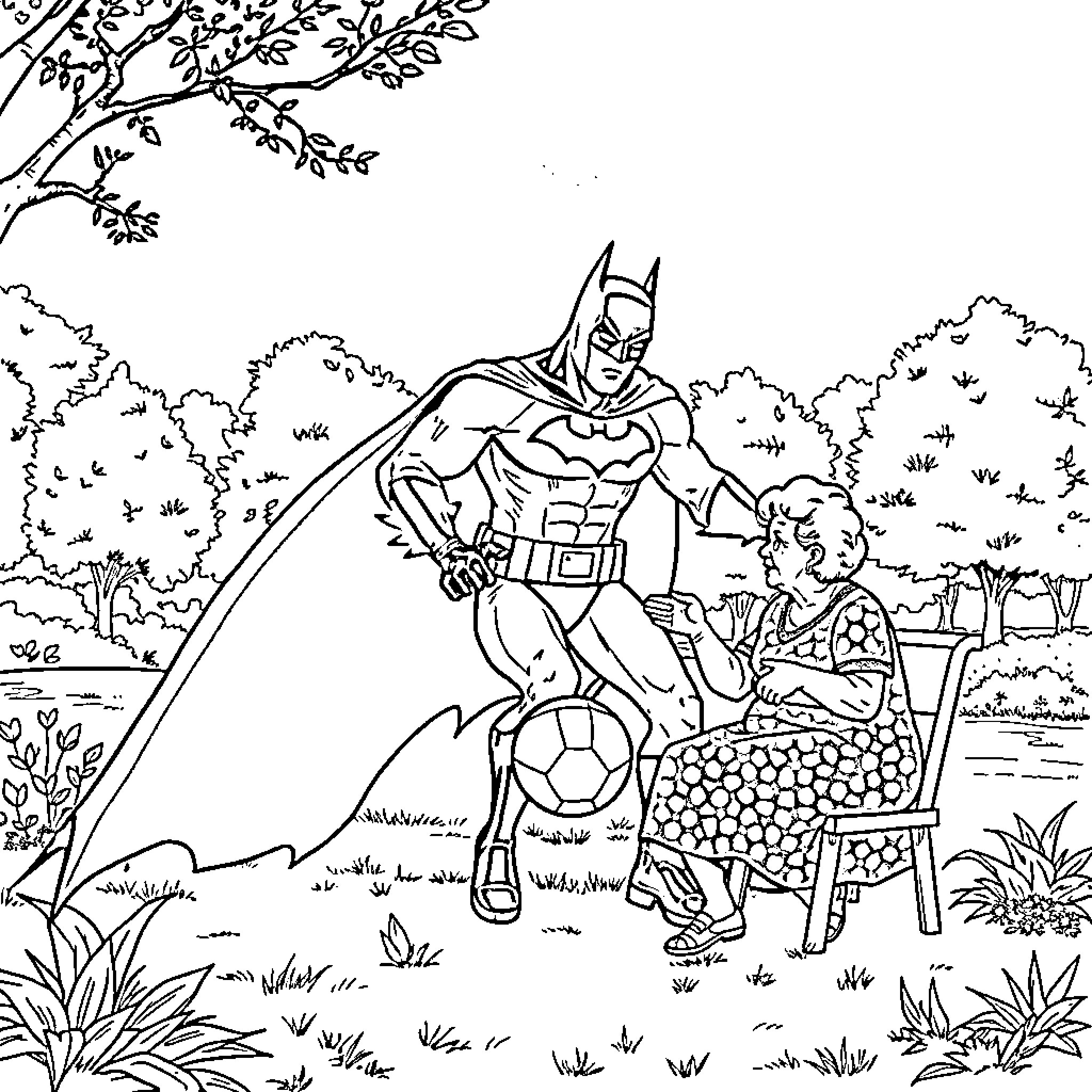 Batman helping a young child in the park Coloring Page (free black-and-white line drawing printable PDF for all, from beginners to advanced learners, including children, teens, adults, and seniors)