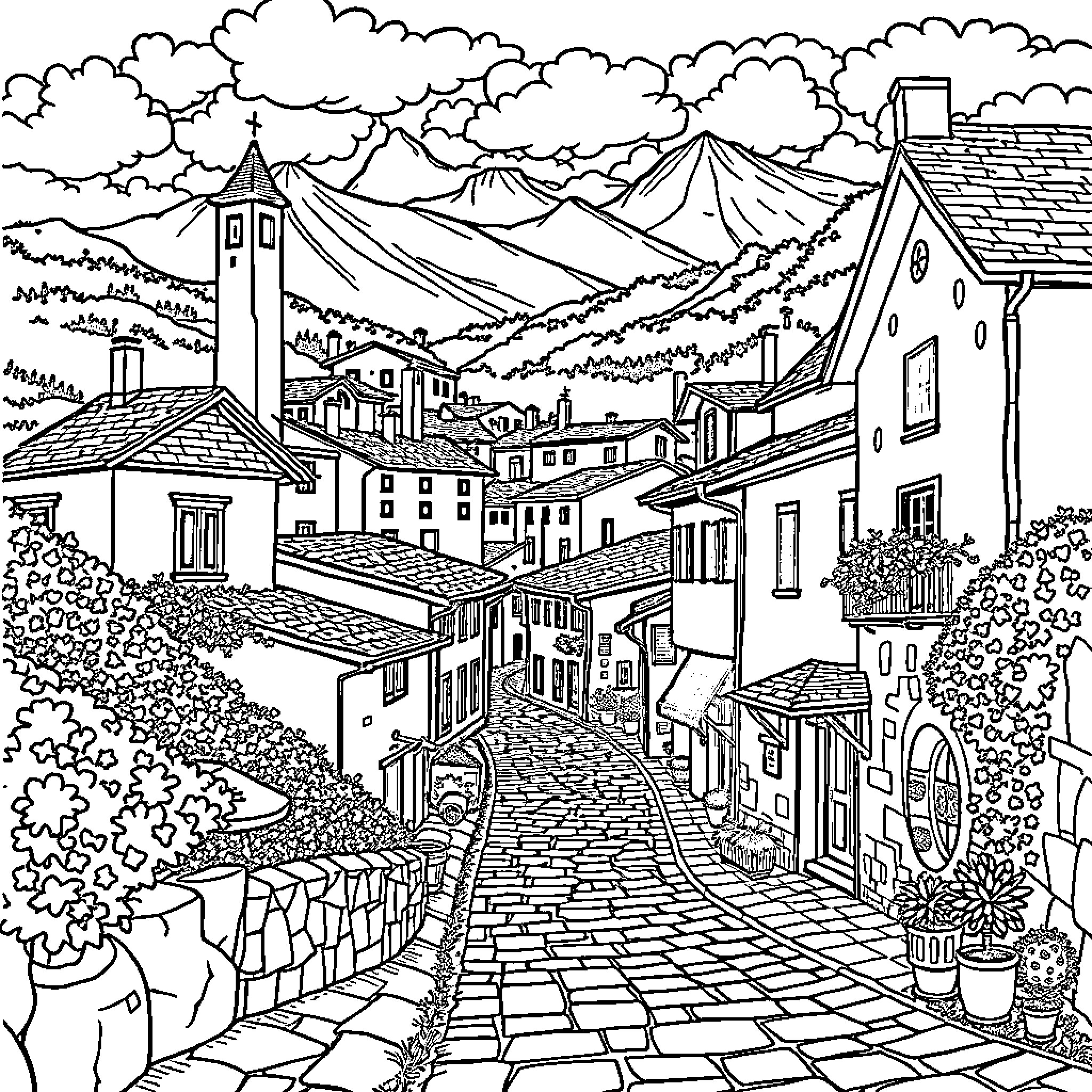 Caparroso: Charming Town Nestled in the Mountains Coloring Page (free black-and-white line drawing printable PDF for all, from beginners to advanced learners, including children, teens, adults, and seniors)