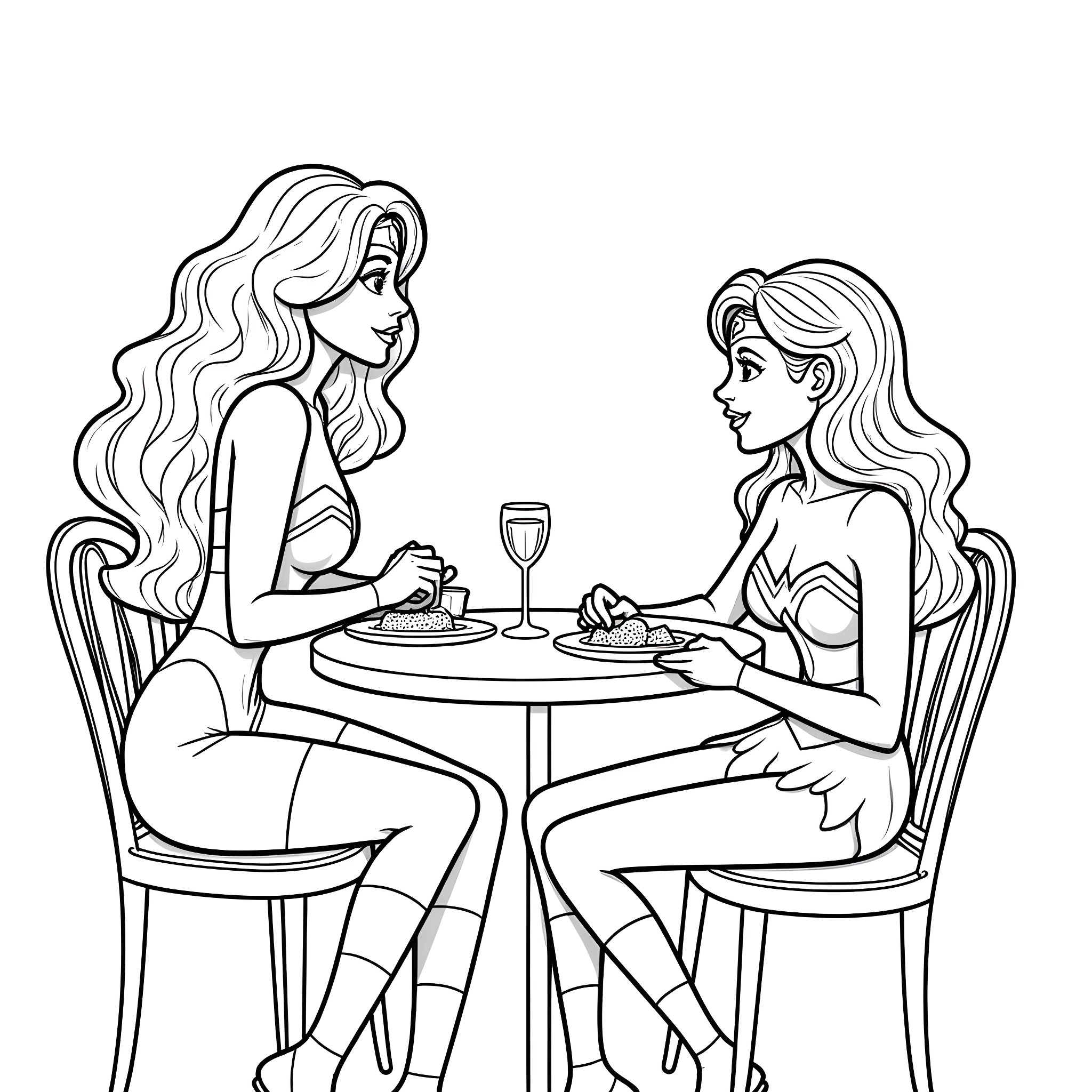 Wonder Woman enjoying a casual dinner with a friend Coloring Page (free black-and-white line drawing printable PDF for all, from beginners to advanced learners, including children, teens, adults, and seniors)