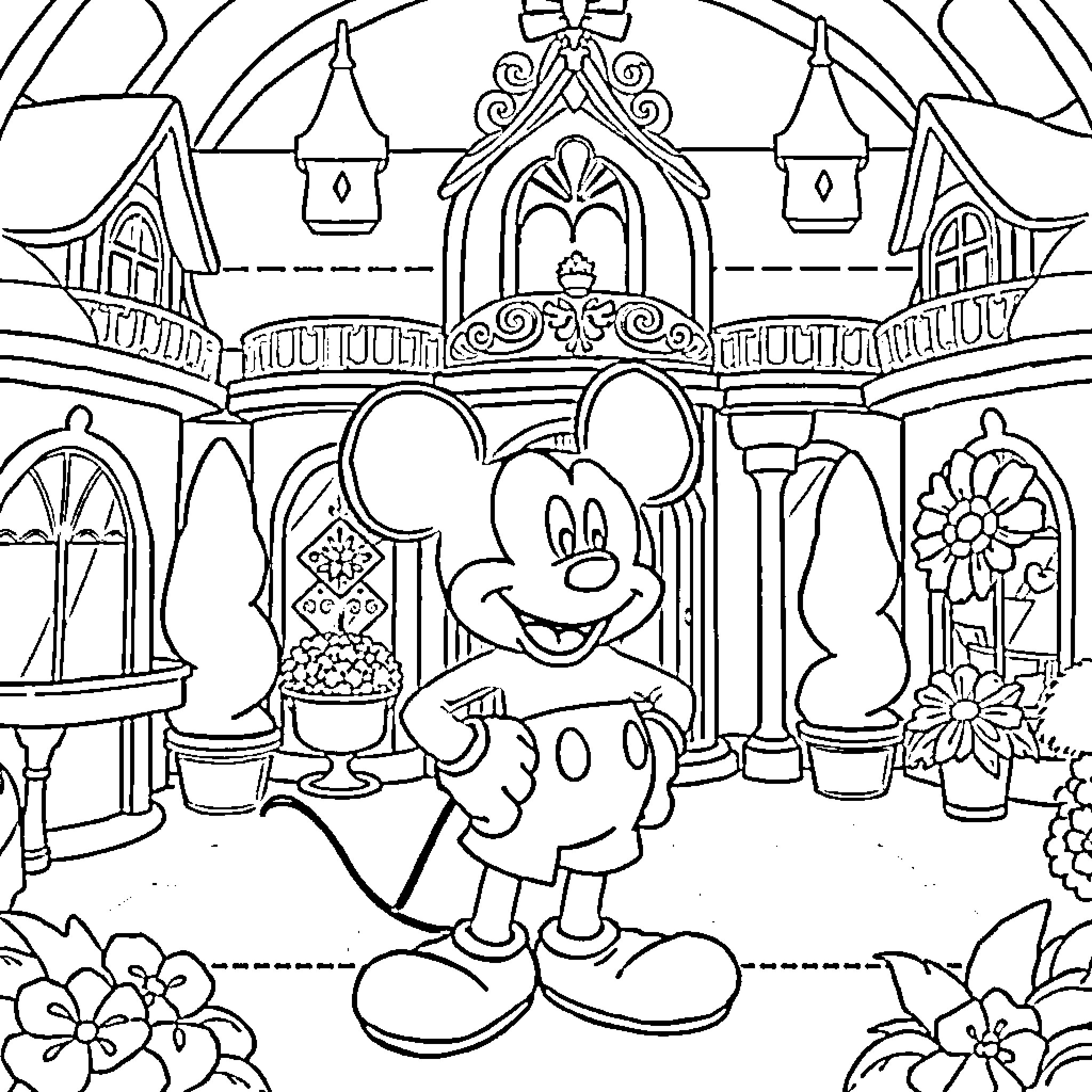 Mickey Mouse exploring a Disney-style castle courtyard Coloring Page (free black-and-white line drawing printable PDF for all, from beginners to advanced learners, including children, teens, adults, and seniors)