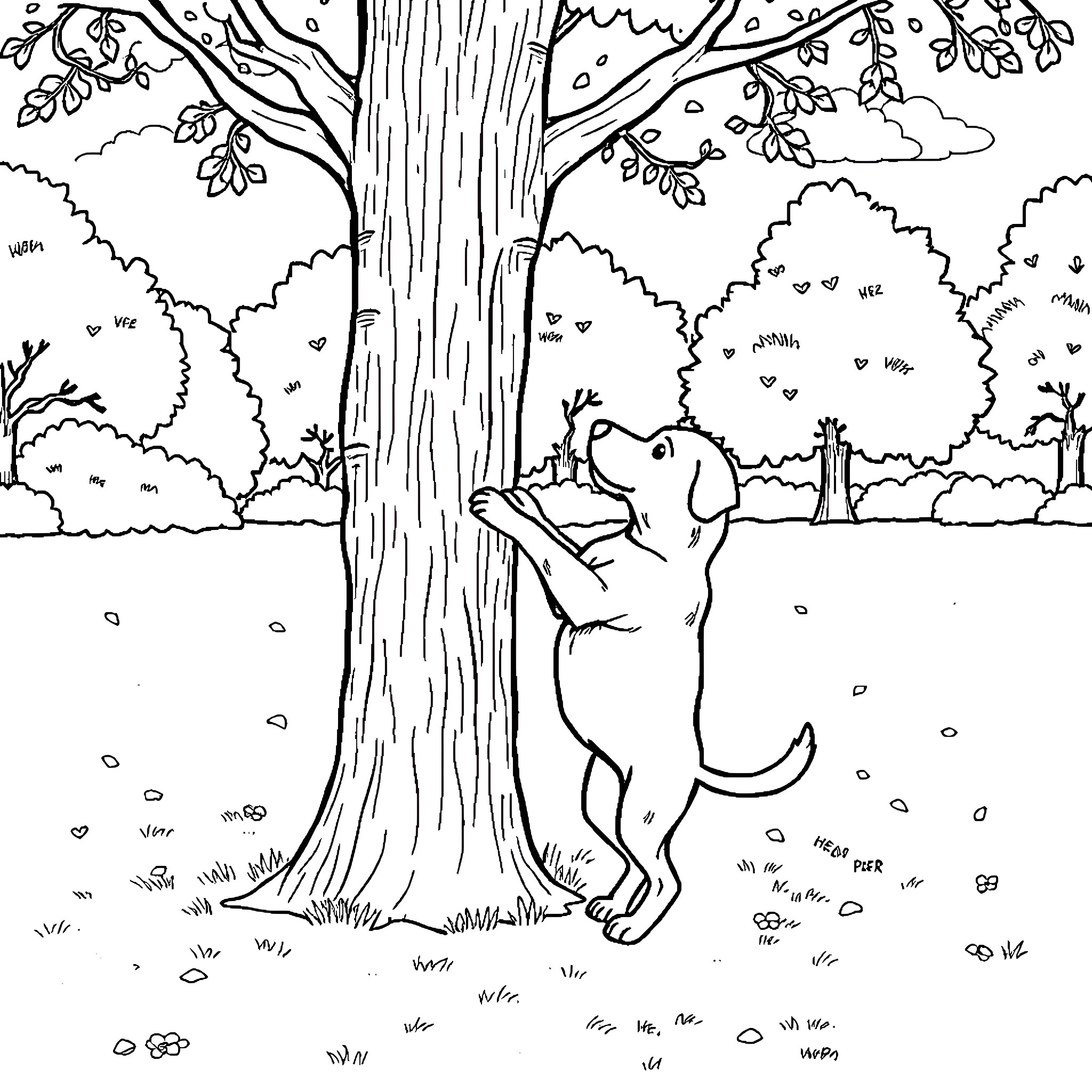Dog playing happily in the autumn forest Coloring Page (free black-and-white line drawing printable PDF for all, from beginners to advanced learners, including children, teens, adults, and seniors)