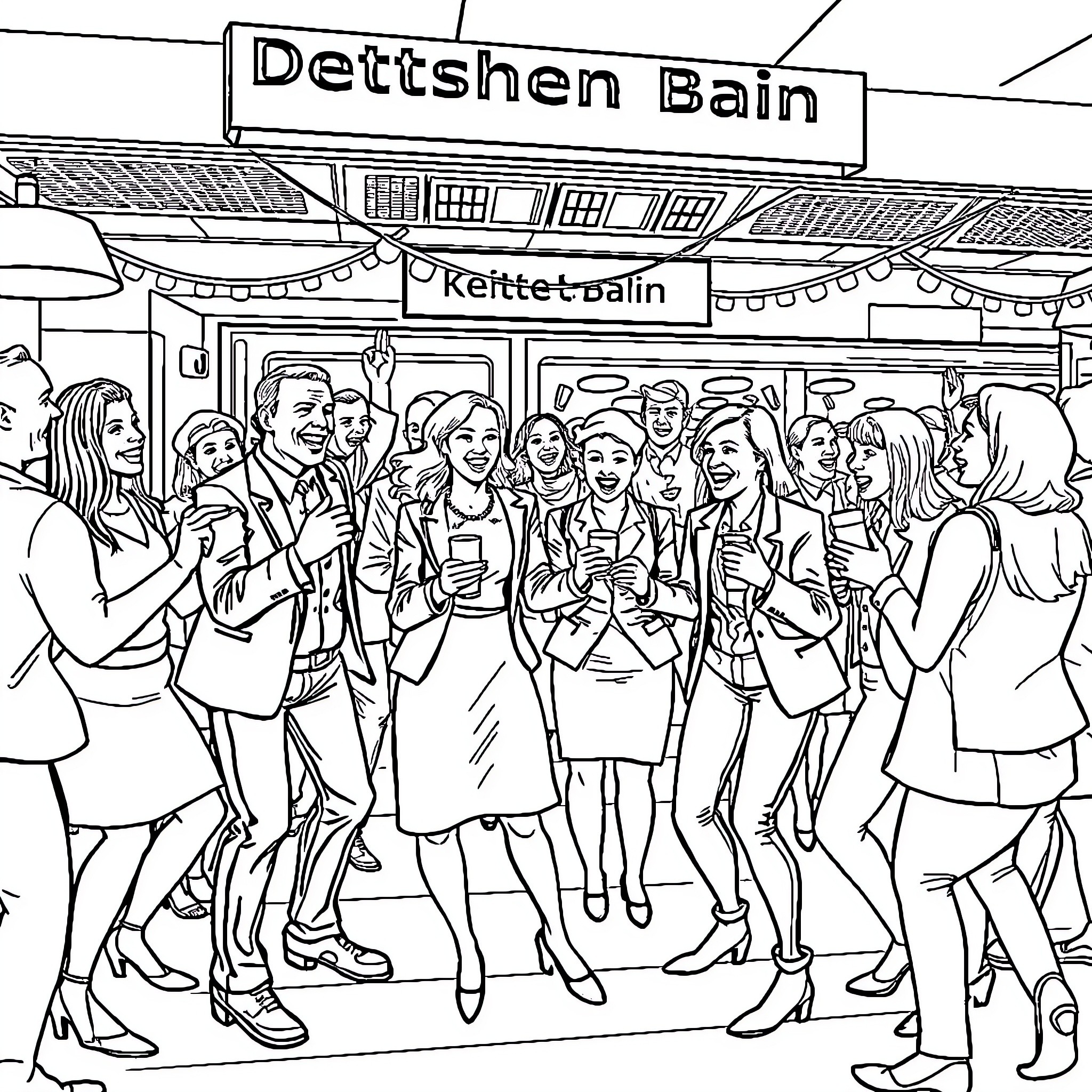 Büroparty: Coworkers Celebrating Together at the Office Coloring Page (free black-and-white line drawing printable PDF for all, from beginners to advanced learners, including children, teens, adults, and seniors)