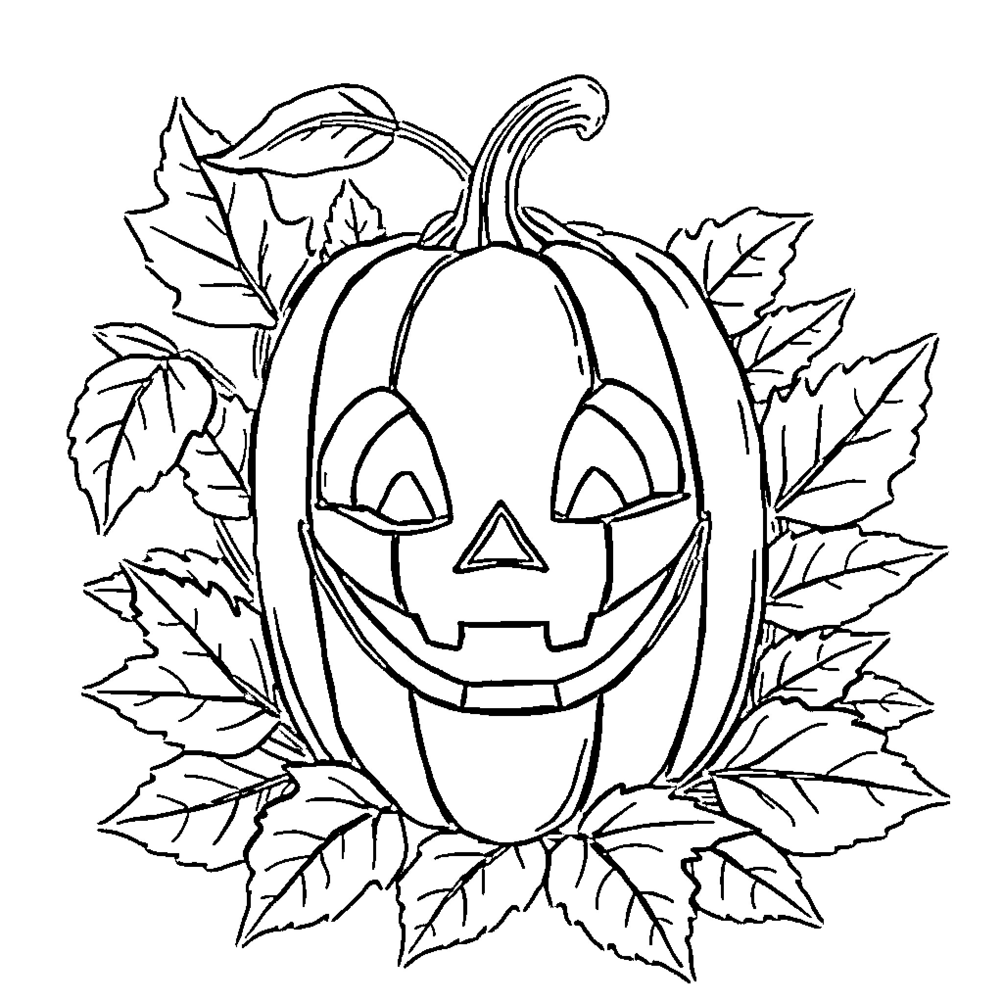 Pumpkin with a Smiling Jack-o'-Lantern Face Coloring Page (free black-and-white line drawing printable PDF for all, from beginners to advanced learners, including children, teens, adults, and seniors)