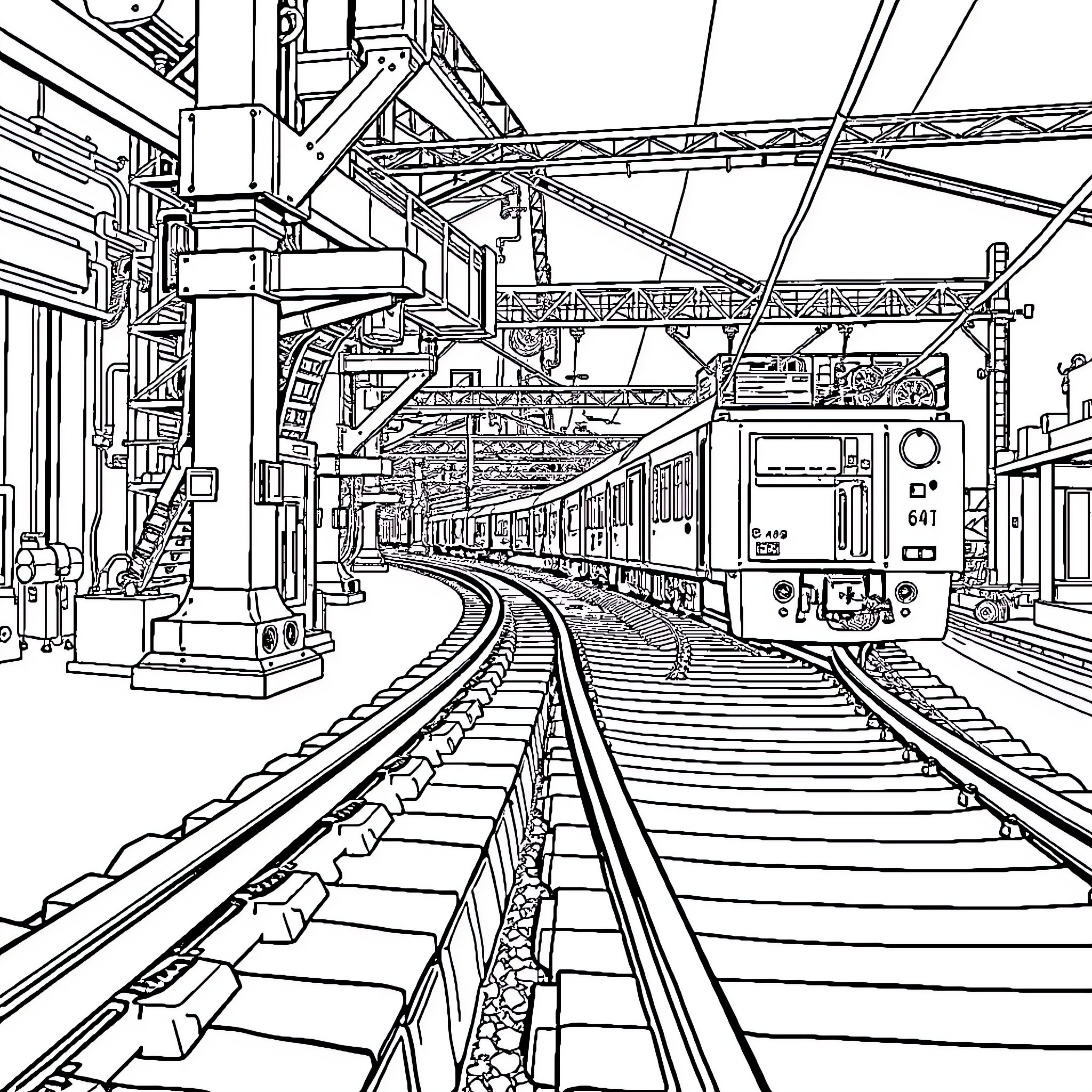 Rail Tracks Winding Through Industrial Structures Coloring Page (free black-and-white line drawing printable PDF for all, from beginners to advanced learners, including children, teens, adults, and seniors)