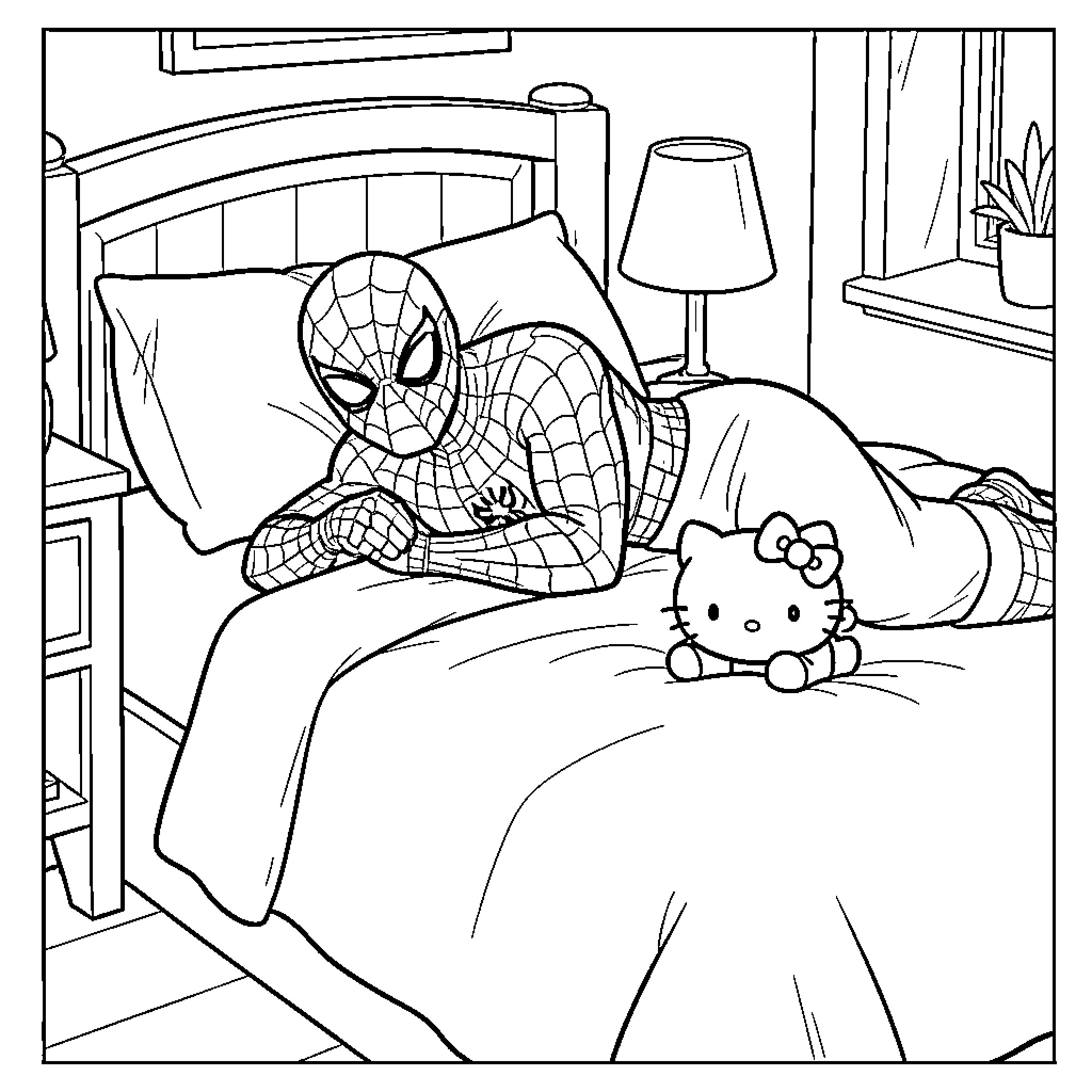 Spider-Man relaxing with Hello Kitty in the bedroom Coloring Page (free black-and-white line drawing printable PDF for all, from beginners to advanced learners, including children, teens, adults, and seniors)