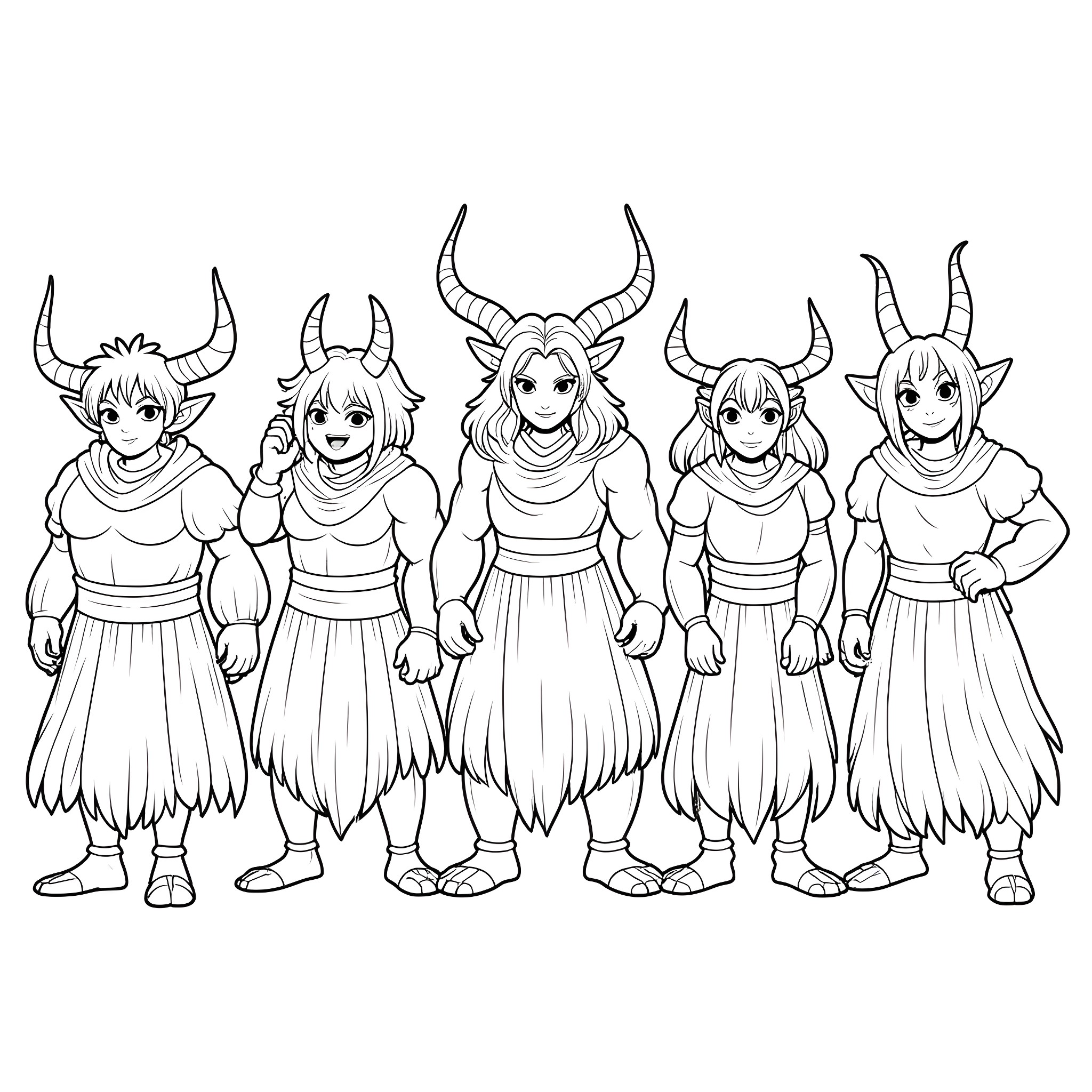 Demon warriors in uniform battle attire Coloring Page (free black-and-white line drawing printable PDF for all, from beginners to advanced learners, including children, teens, adults, and seniors)