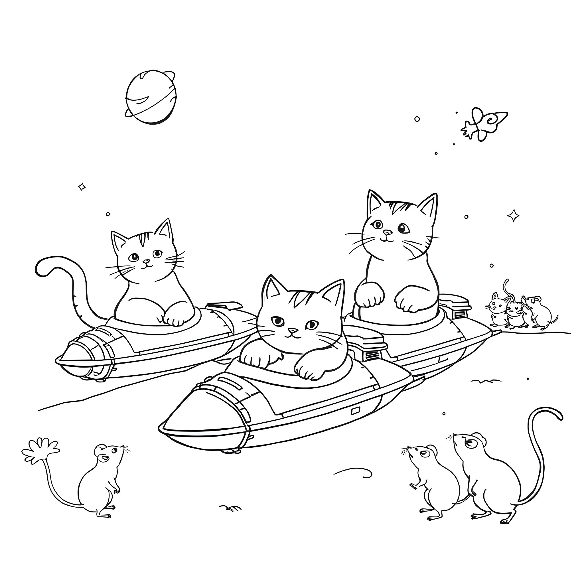Cats playing in a futuristic spacecraft Coloring Page (free black-and-white line drawing printable PDF for all, from beginners to advanced learners, including children, teens, adults, and seniors)