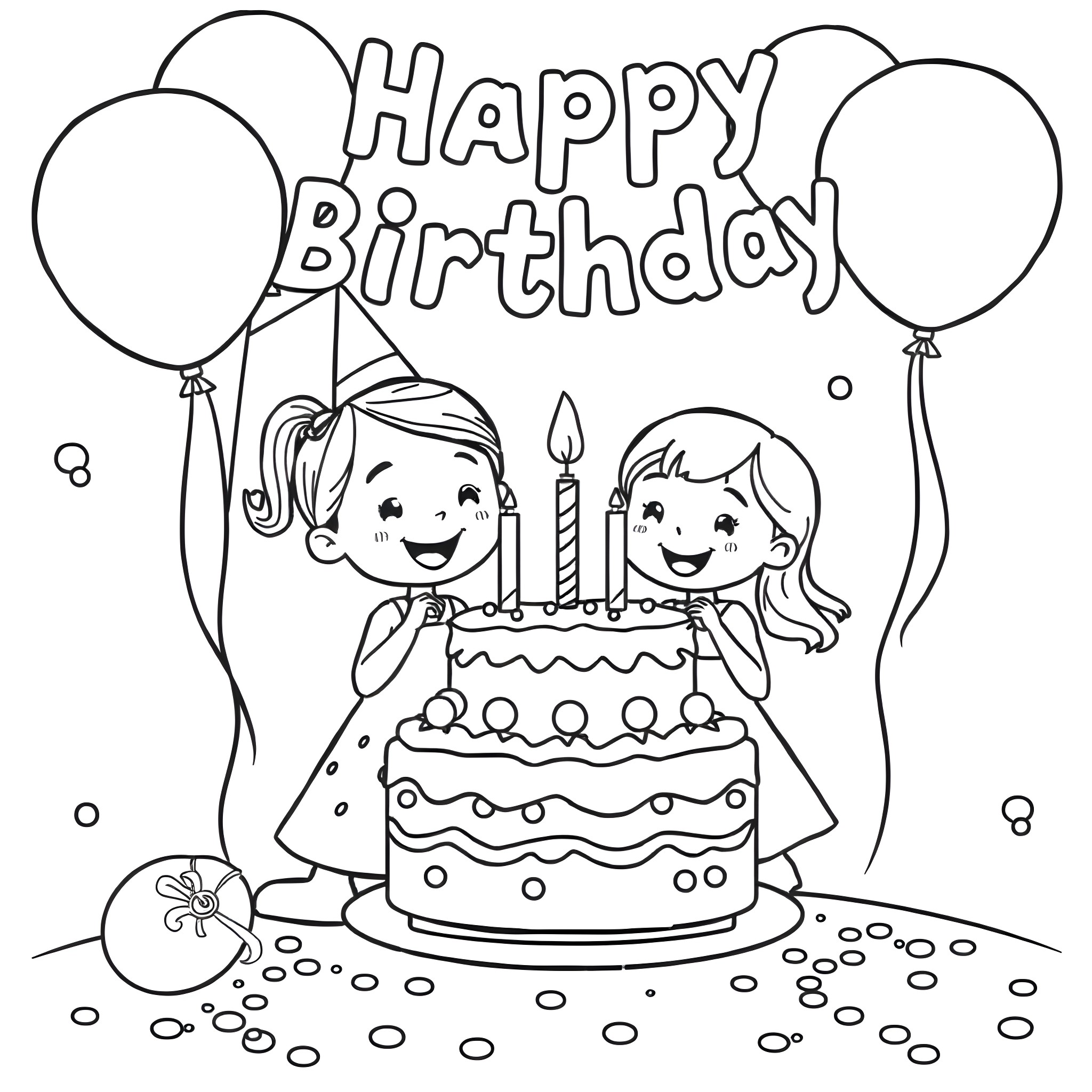 Birthday Celebration with Cake and Balloons Coloring Page (free black-and-white line drawing printable PDF for all, from beginners to advanced learners, including children, teens, adults, and seniors)